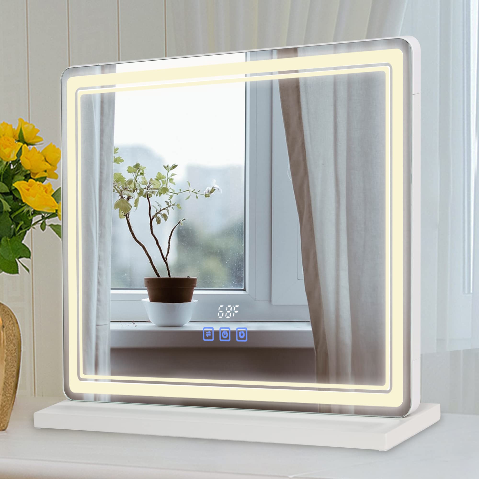 LarethVanity Mirror with Lights Time and Temp Hollywood Makeup Mirror 22.83" W x 18.11" H Large Lighted Mirrors w/ 3 Color Modes LED Light Dimmable Touch Control Tabletop & Wall Mounted(White)