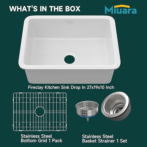 Miniatura 8 de Miuara Fregadero de cocina de 27 x 19 pulgadas, fregadero de cocina blanco brillante, arcilla refractaria de doble montaje en fregadero húmedo