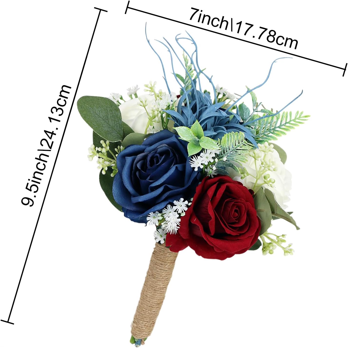 Set of 6 Bridesmaid Bouquets for Wedding - 7 Inch Artificial Flowers Bouquets for Ceremony Anniversary Centerpieces Decorations - Burgundy & Navy Blue & White - Image 2