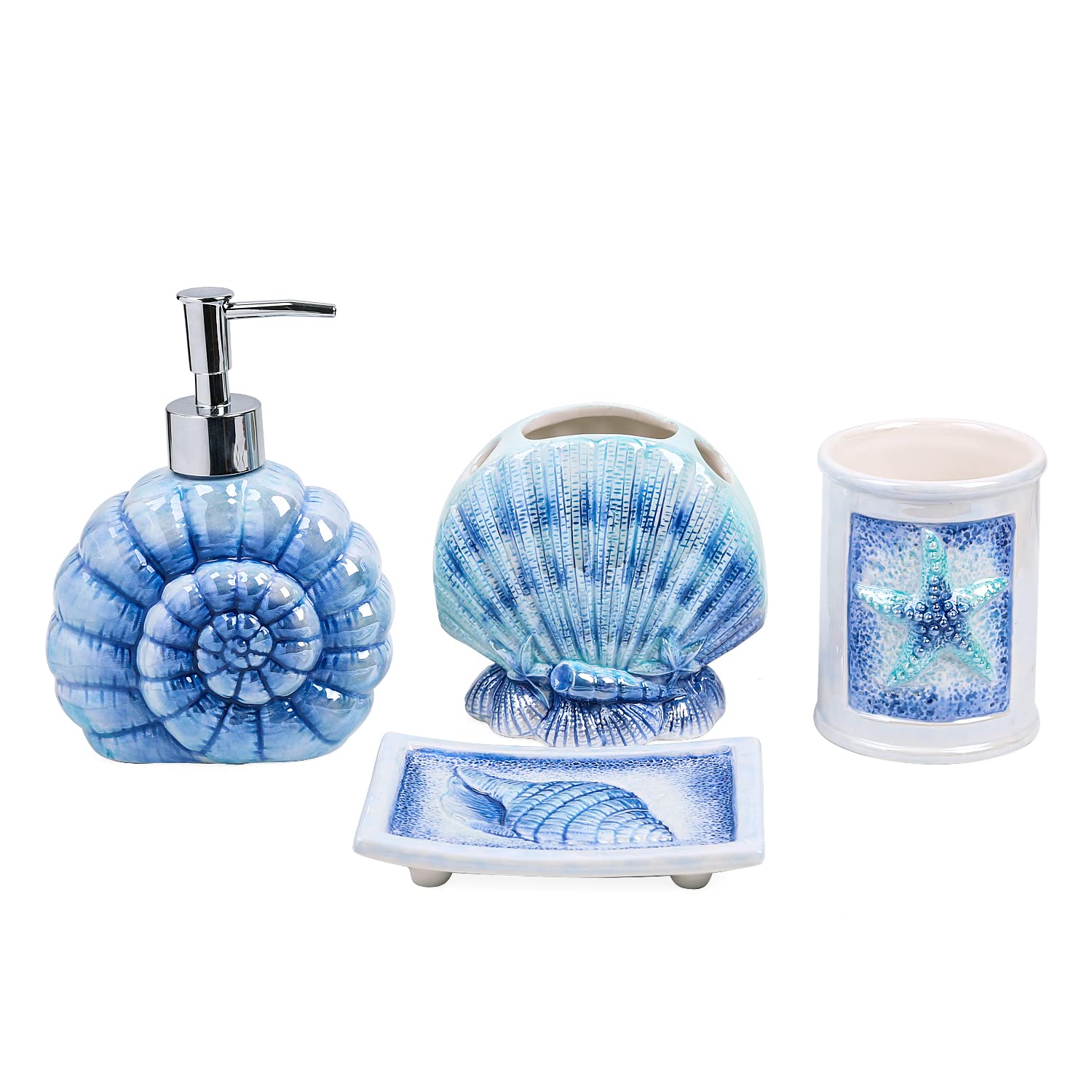 FORLONG Ceramic Ocean Bathroom Accessories Set, 4 Piece 3D Conch Shell Bathroom Ensemble Set with Toothbrush Holder, Toothbrush Cup, Soap Dispenser, Soap Dish (Blue Light)
