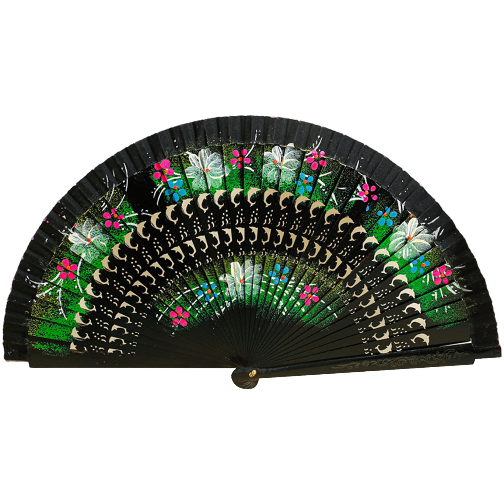 NASSMOSSE Double-Side Flower Painting Spanish Fan – Hollow-Out Wooden Hand Fan for Dance and Festival Decor