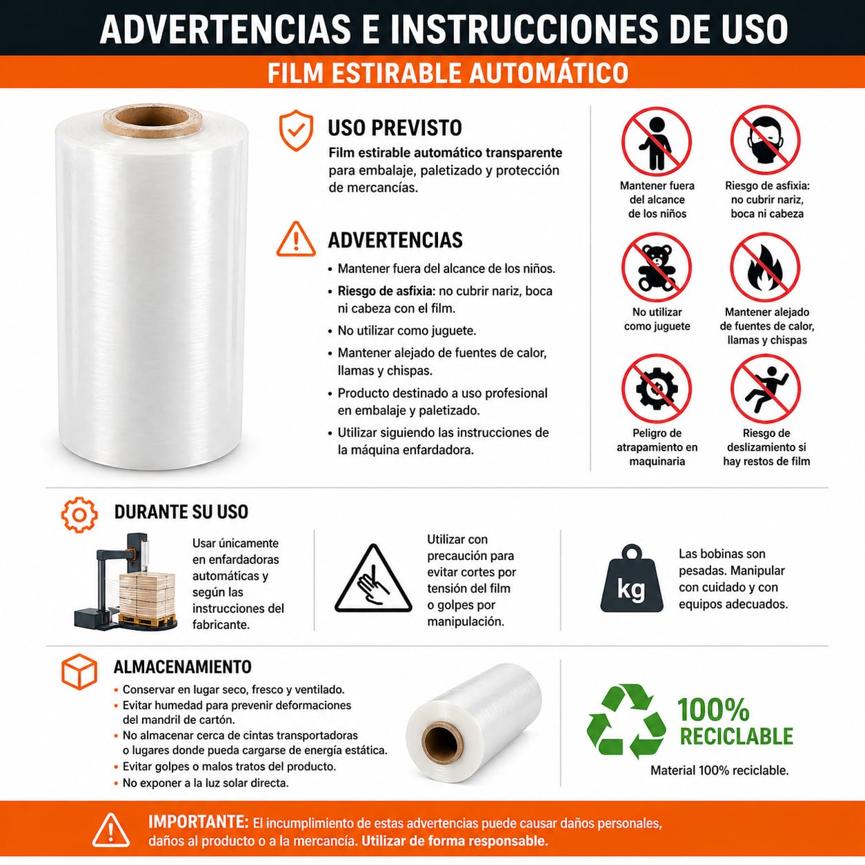 Film Estirable Automático Transparente 500 mm x 1512 m – Bobina Industrial 16 kg – 23 Micras ±2 – Plástico Stretch Film para Enfardadora Automática, Paletizado, Embalaje y Logística Profesional