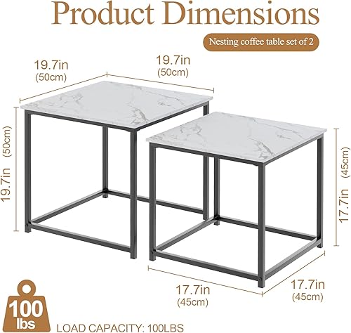 Miniatura 2 de Garden 4 you - Juego de 2 mesas de centro de café, mesa anidada moderna de mármol sintético, juego de mesas centrales cuadradas con estructura
