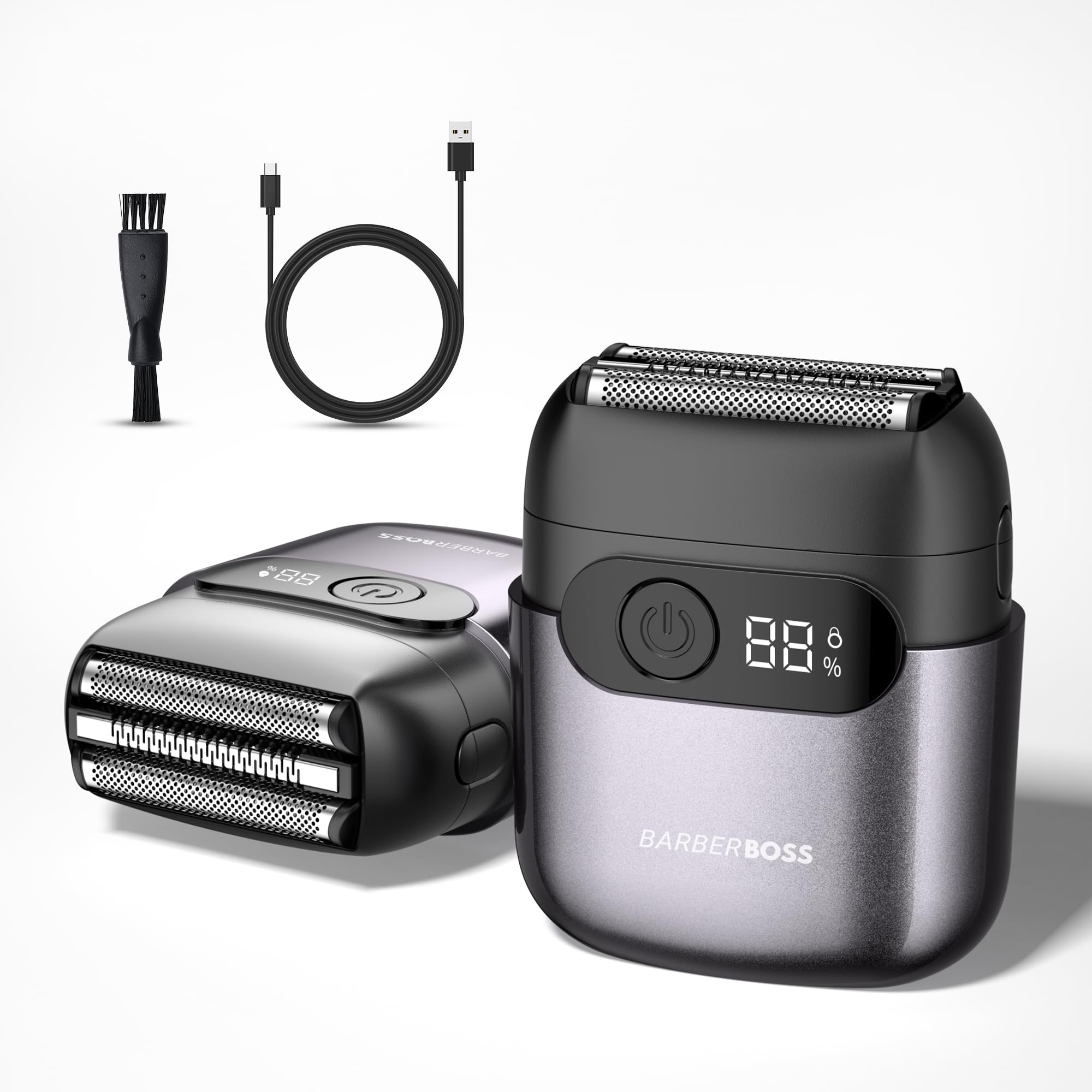 BarberBoss - Afeitadora compacta para hombre, cuchillas flotantes de acero inoxidable, cabezal de hoja magnético, pantalla LED inteligente (Gris Metálico)