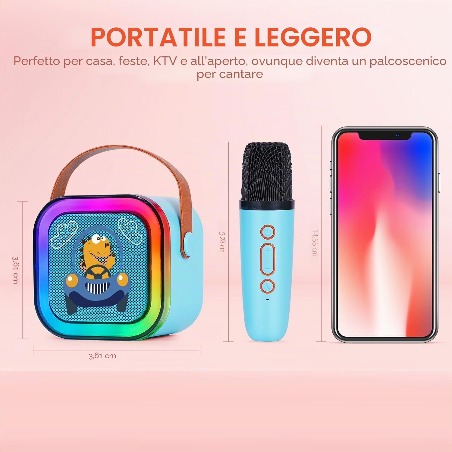 DYNASONIC A29. Karaoke con due microfoni. Altoparlante Bluetooth Karaoke per bambino Giochi elettronici per bambino da 3 a 15 anni (Dinosauro)