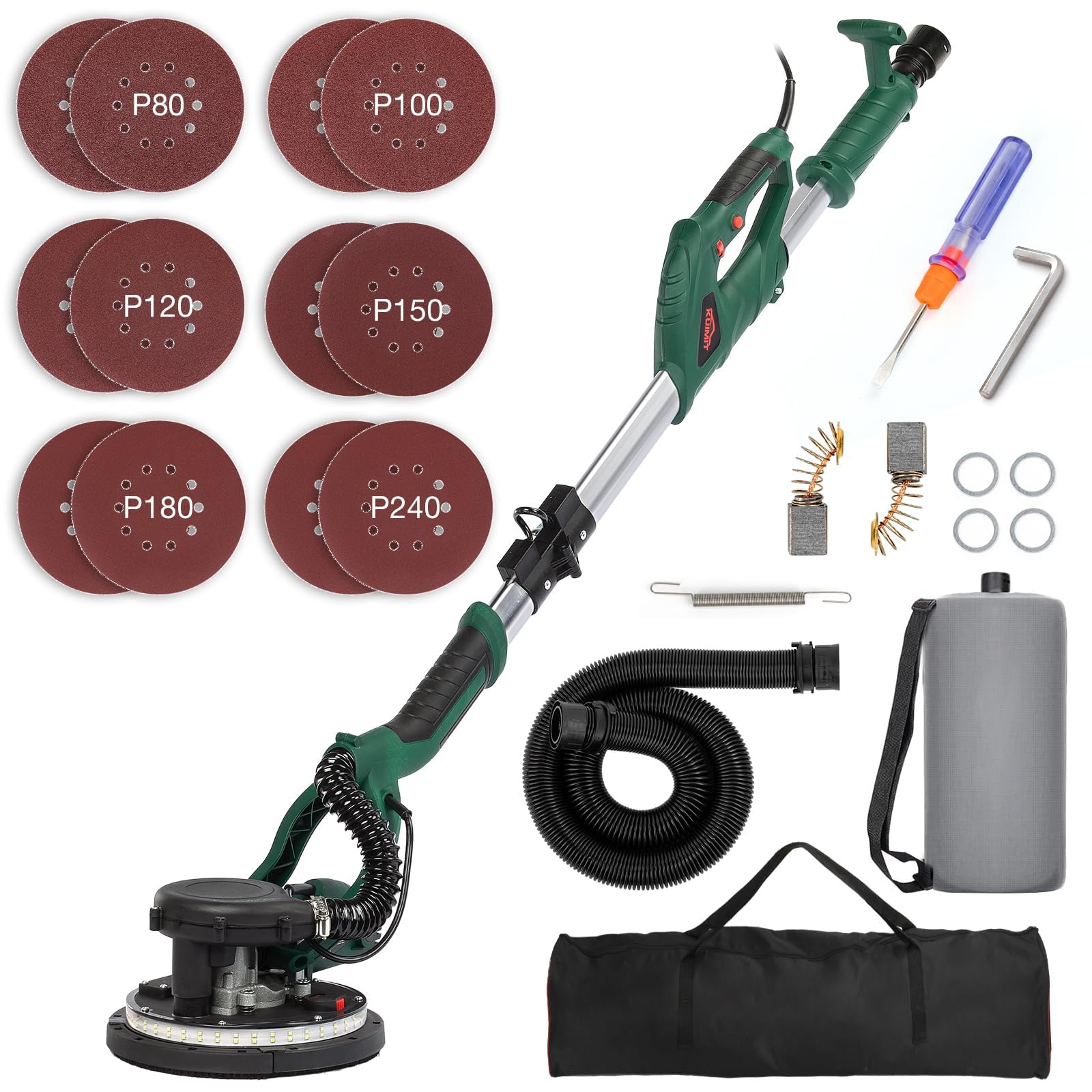Levigatrice per Cartongesso, 850W Levigatrice per Muro Elettrica con 12 Dischi Abrasivi, 6 Velocità Variabile 800-1750 RPM, con Impugnatura Estensibile, luce LED, Tubo per la Polvere Lungo