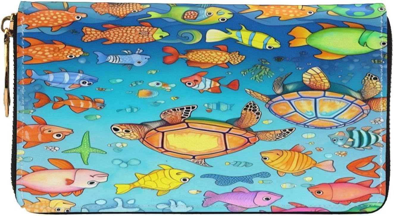 Turtle and Fish Long Zip Around Wallet for Women, Large Capacity RFID Leather Wristlet Wallet with 12 Card Slots Coin Purse, Fashion Clutch Purse with Wrist Strap