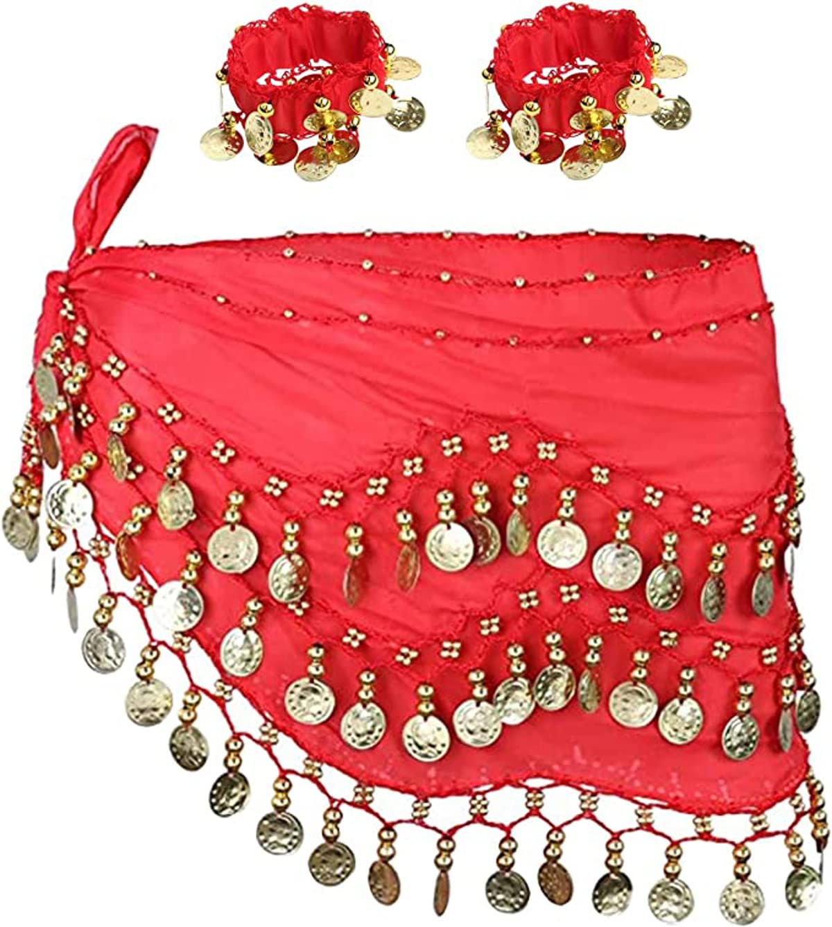 SamHeng Belly Dance Hip Scarf with Bracelet, 128 Coins Belly Dance Skirt Wrap Belt with Wrist Ankle Bracelets, Dance Skirt Belt Waist Chain for Belly Dance, Zumba or Yoga Class, Performance Costume