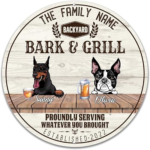 Letrero redondo de metal para ladridos y parrilla, Doberman y perro toro francés, letrero de metal para cachorros, nombre de la familia, 12 Letrero redondo de metal para ladridos y parrilla, Doberman y perro toro francés, letrero de metal para cachorros, nombre de la familia, 12