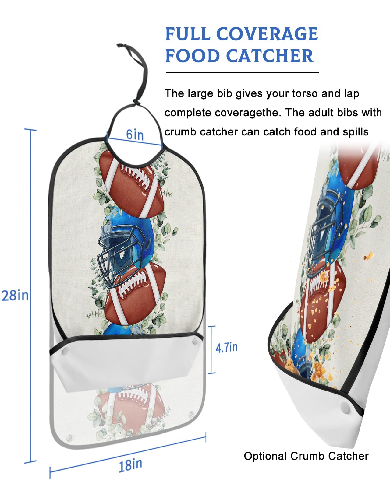 Fall Rugby Adult Bibs for Eating, Waterproof Bibs with Food Catcher & Adjustable Snap Closure, Autumn Football Eucalyptus Leaves Botanical Washable Clothing Protectors Adult Bibs for Elderly Women/Men