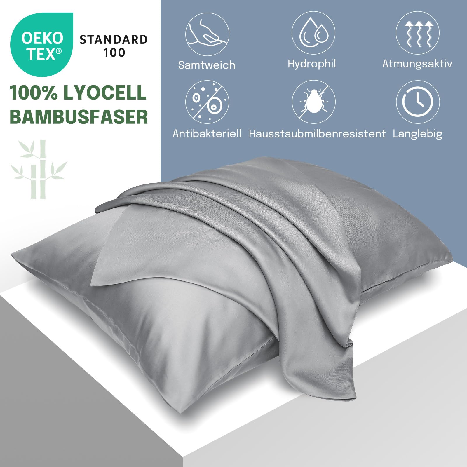 Fittia 2er-Set Lyocell Bambus Kissenbezug Bambusfaser Kopfkissenbezug Kissenhülle Seidig weichkühlend atmungsaktiv mit verdecktem Reißverschluss, Silbergrau, 40x80cm