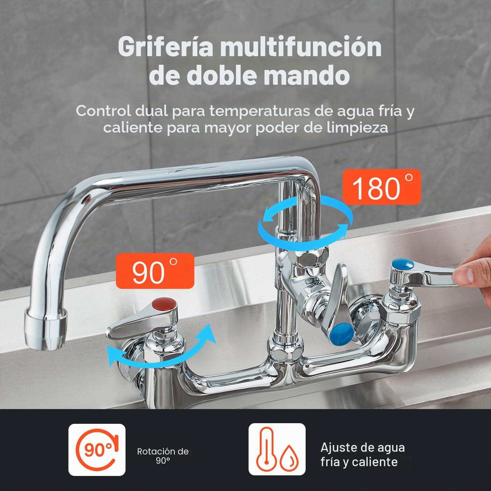 VEVOR Grifo Comercial con Pulverizador de Preenjuague, 63,5 cm de Altura, 20,32 cm de Centro, Caño Oscilante, Grifo para Fregadero de Cocina de Montaje en Pared, Dispositivo Construido en Latón