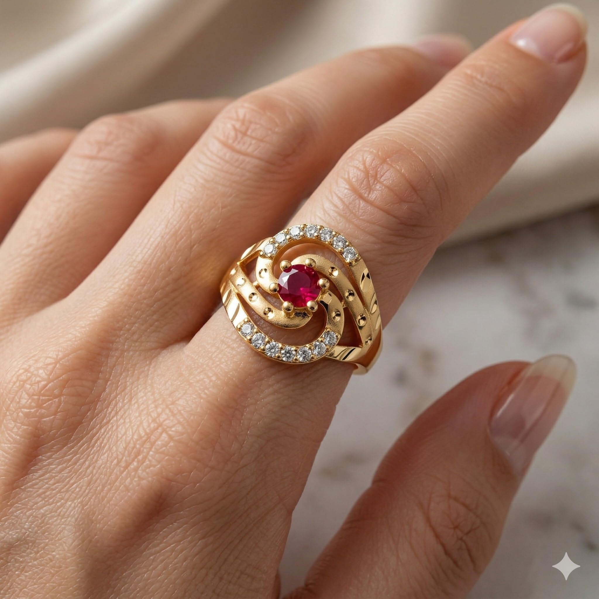Gold Plated Floral Swirl Ring with Ruby Red Centre Stone and American Diamond Accents, Daily Use-image-26