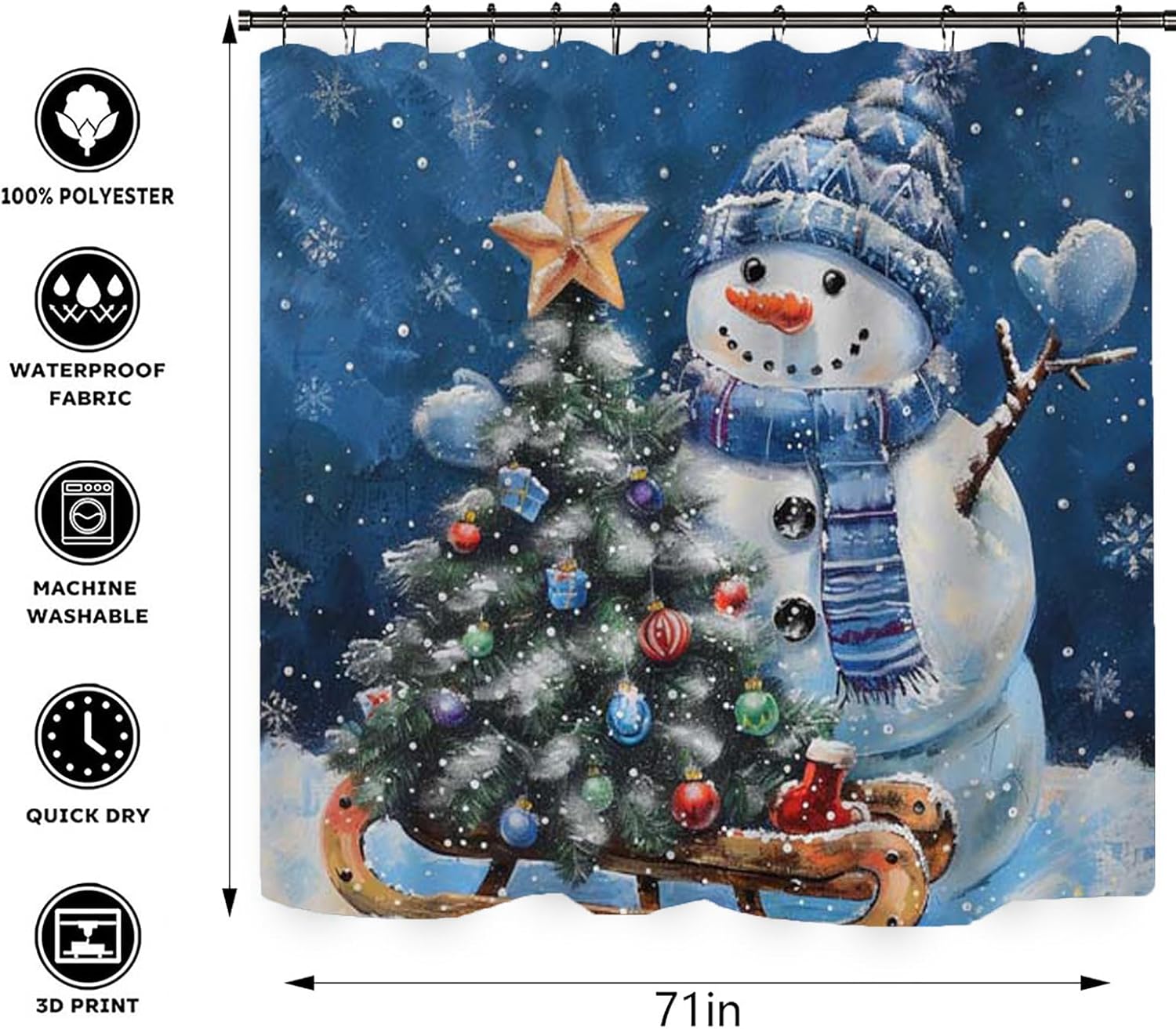 NEWSUYAA Christmas Shower Curtain Bathroom Decorations Sets, 4 PCS Cute Snowman Xmas Holiday Bath Decor with Toilet Seat Cover Rugs Mats and Hooks, Santa Theme Tub Room Décor (Teal)