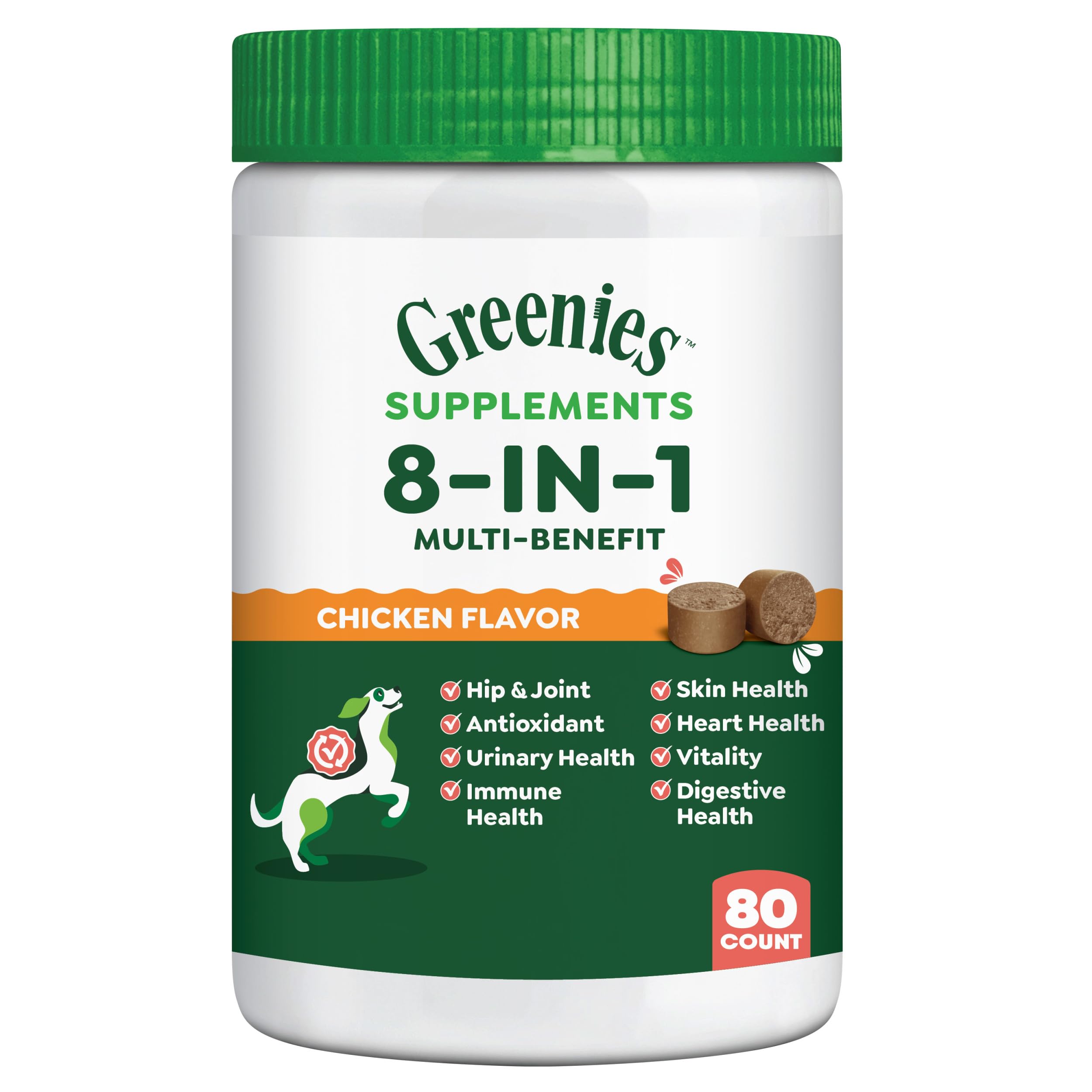Greenies Dog Supplements 8-in-1 Multi-Benefit Chicken Flavor, 15.5 oz. Container, 80 Count