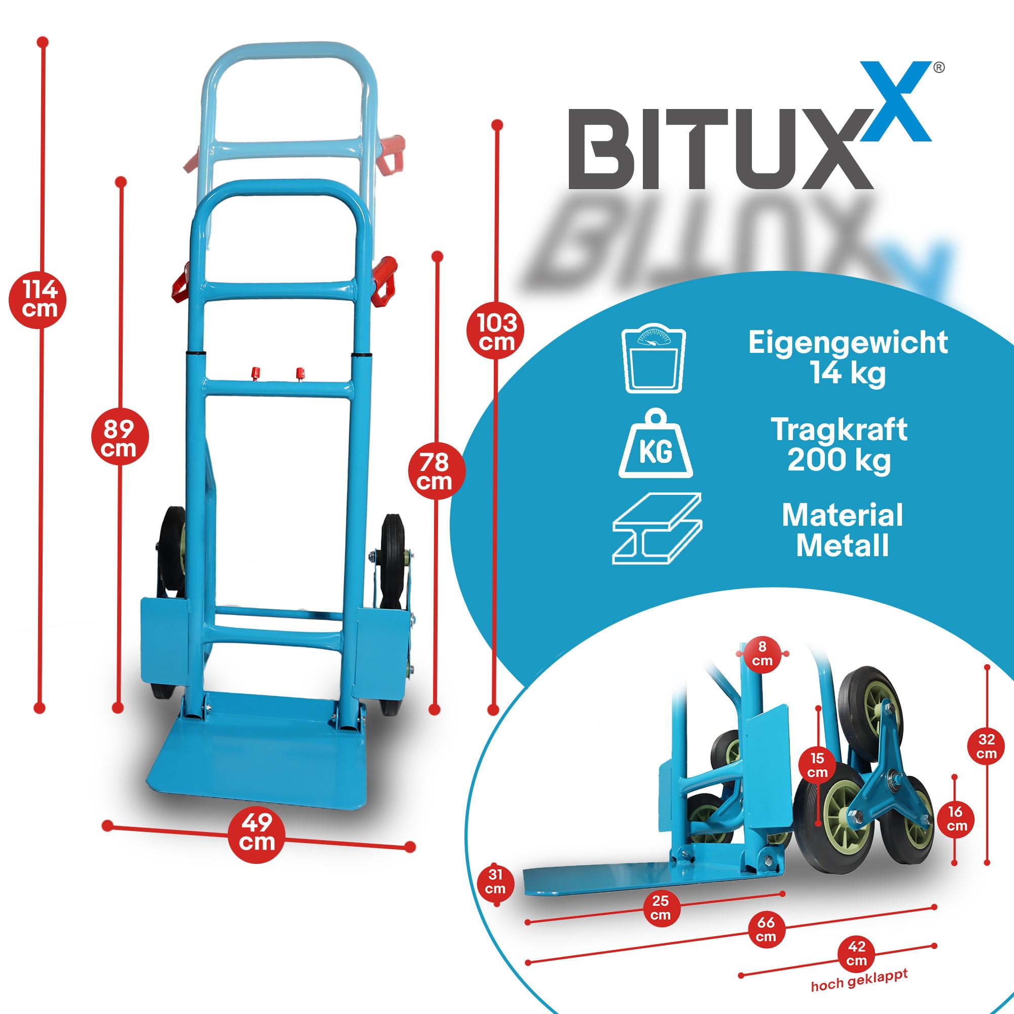 Bituxx Treppenkarre Sackkarre Treppe Treppensackkarre 200kg Treppensteiger Stapelkarre Klappbar Hartreifen