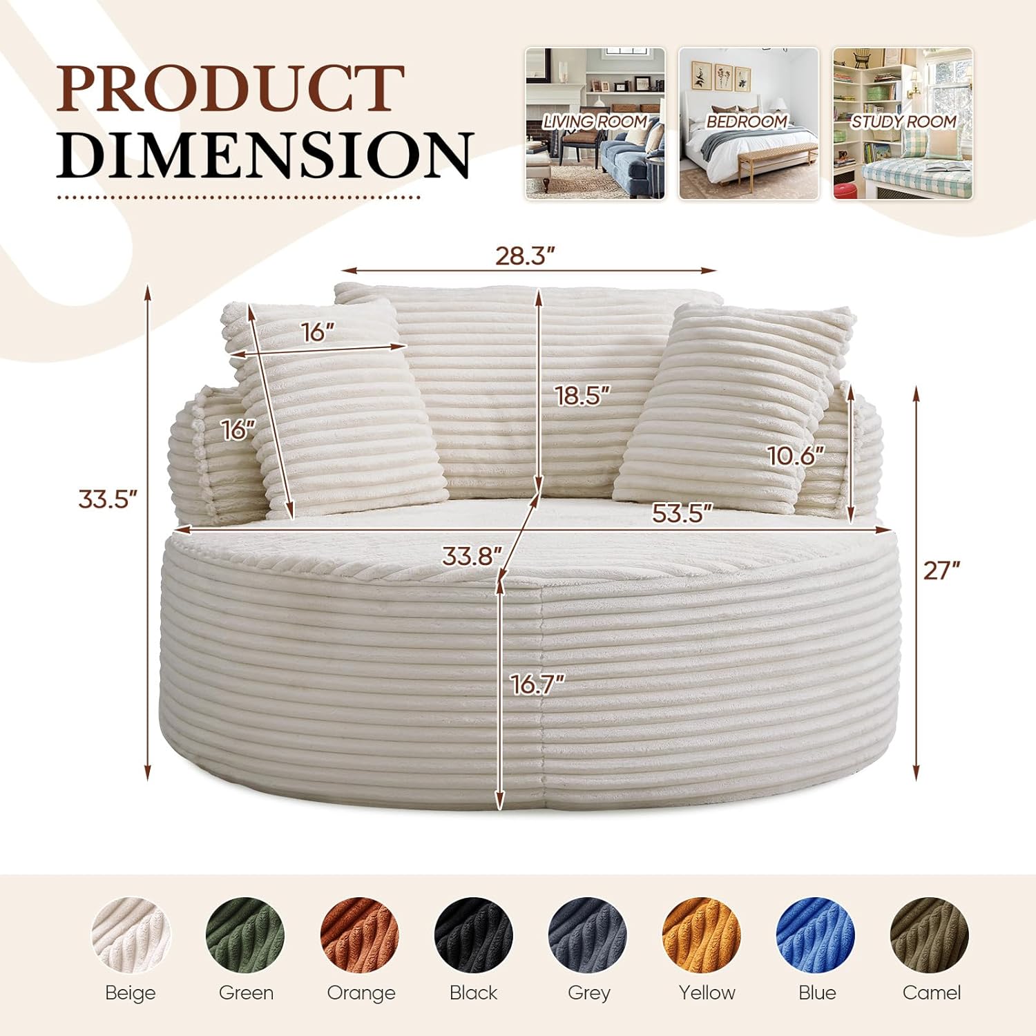 Antetek 53-inch Round Chaise Lounge Chair Indoor, Modern Cloud Single Corduroy Couch with 3 Pillows, Boneless Compressed Memory Foam Sofa Chair for Living Room, Bedroom, Apartment, Beige