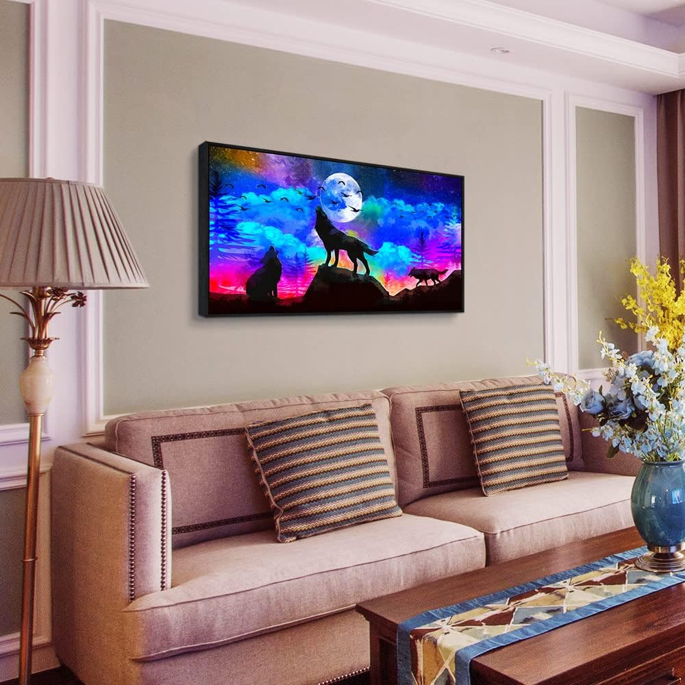 Framed Canvas Wolf Landscape Painting Wall Art For Living Room Bathroom Wall Decor For Bedroom Kitchen Artwork Canvas Art Prints Modern Office Home Decorations Blue Starry Sky Hang Pictures 40"L x 20"W The Wolf Black Framed
