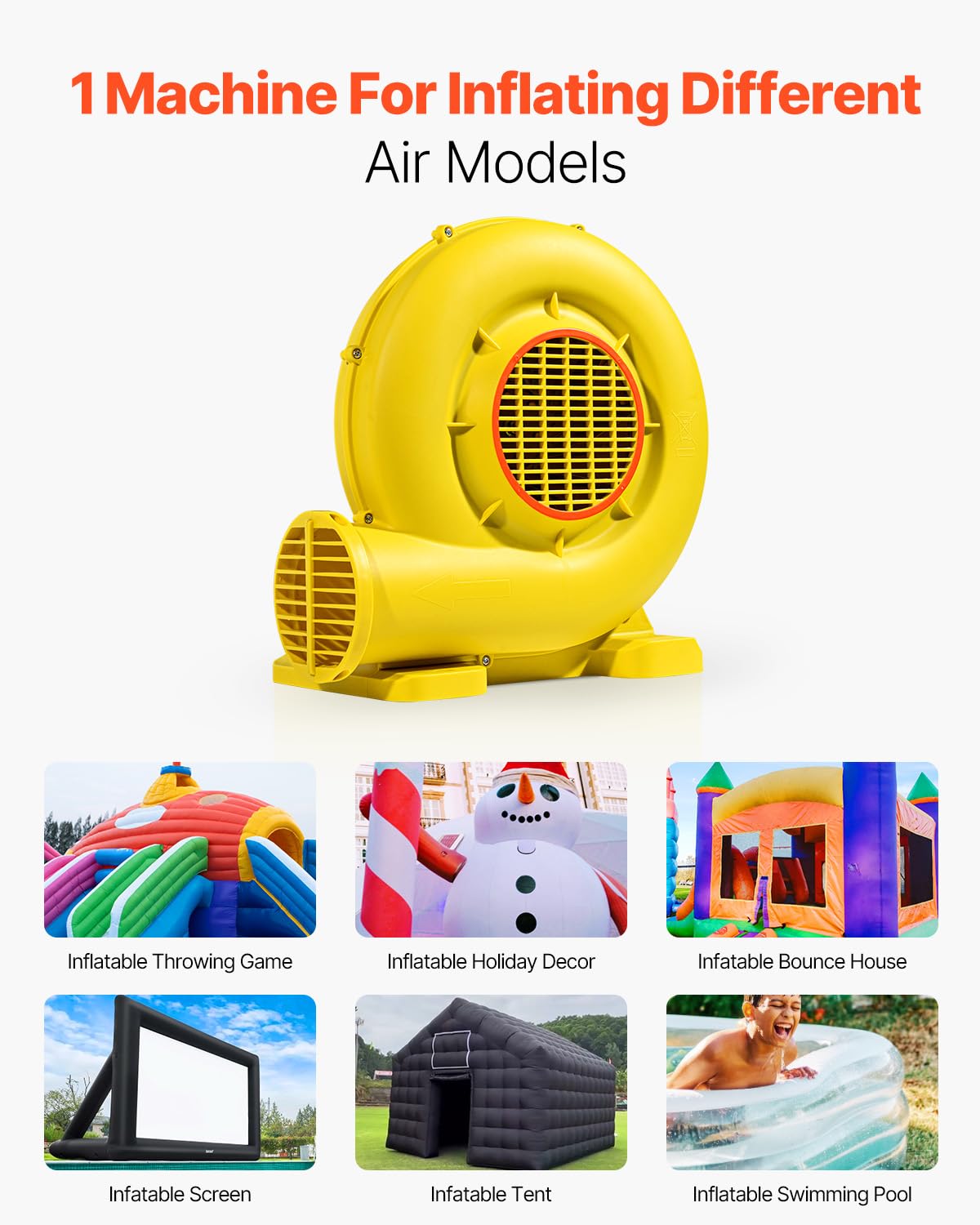 VEVOR Soplador de Aire para Castillos Inflables, 590 W y 690 W, 1,0 HP, Bomba Comercial, Ventilador Eléctrico 2750 RPM, Castillos Inflables, Toboganes de Agua, Amarillo, 360 x 230 x 370 mm