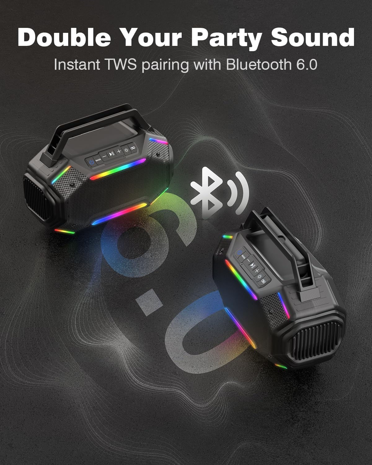 Bluetooth 6.0 Speaker, 80W(Peak) Loud Speaker with Bass, 30H Working Time, IPX6 Waterproof Large Jobsite Speakers with TWS, RGB Lights for Work, Outdoor, Workshop, Garage (Black) - Image 3