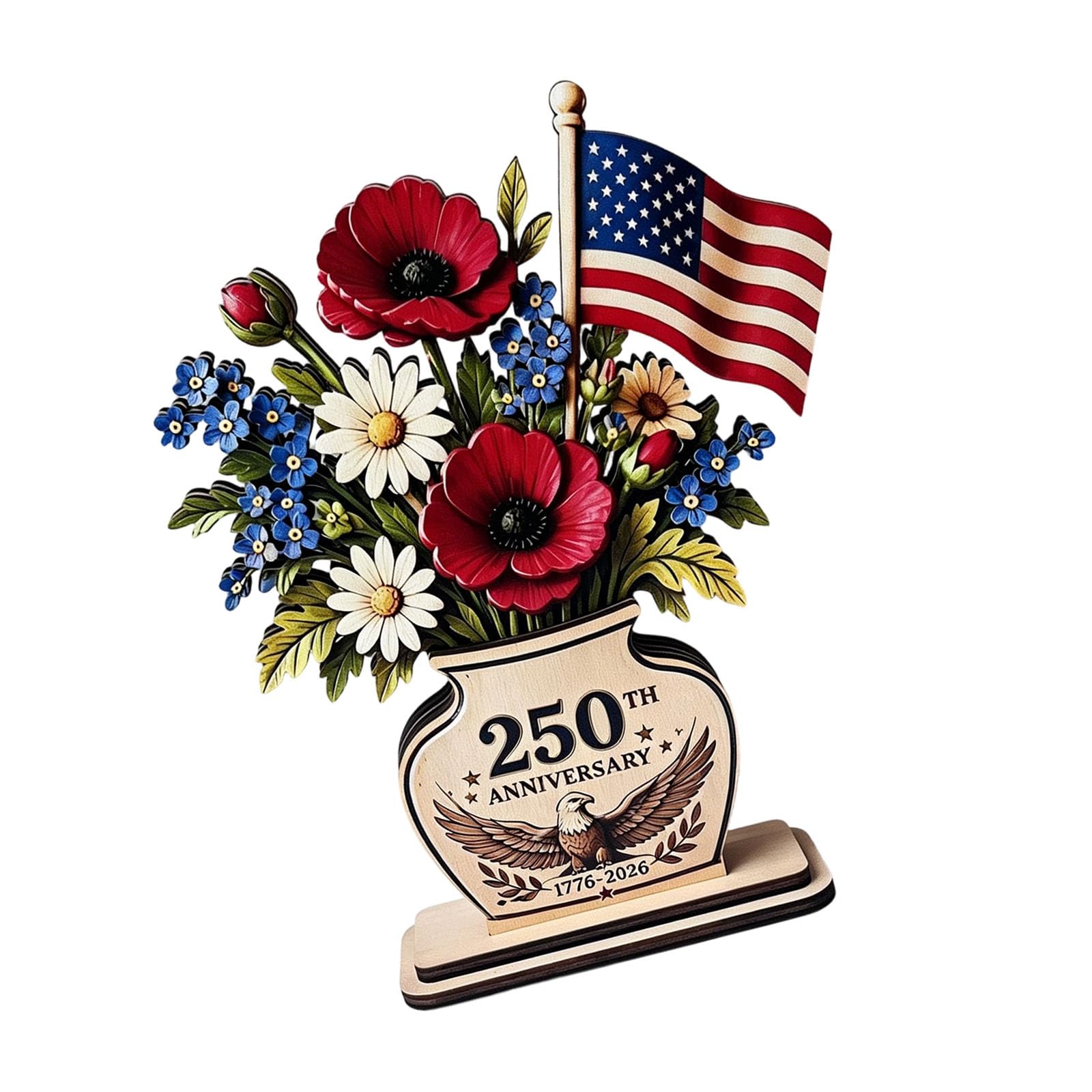 Shntig Patriotic Wooden Tabletop Decor Sign, 250th Anniversary Flag Floral Bouquet Centerpiece for Mantel, Shelf, Entryway, or Desk Display Americana Centerpiece Independence Day Mantel Shelf