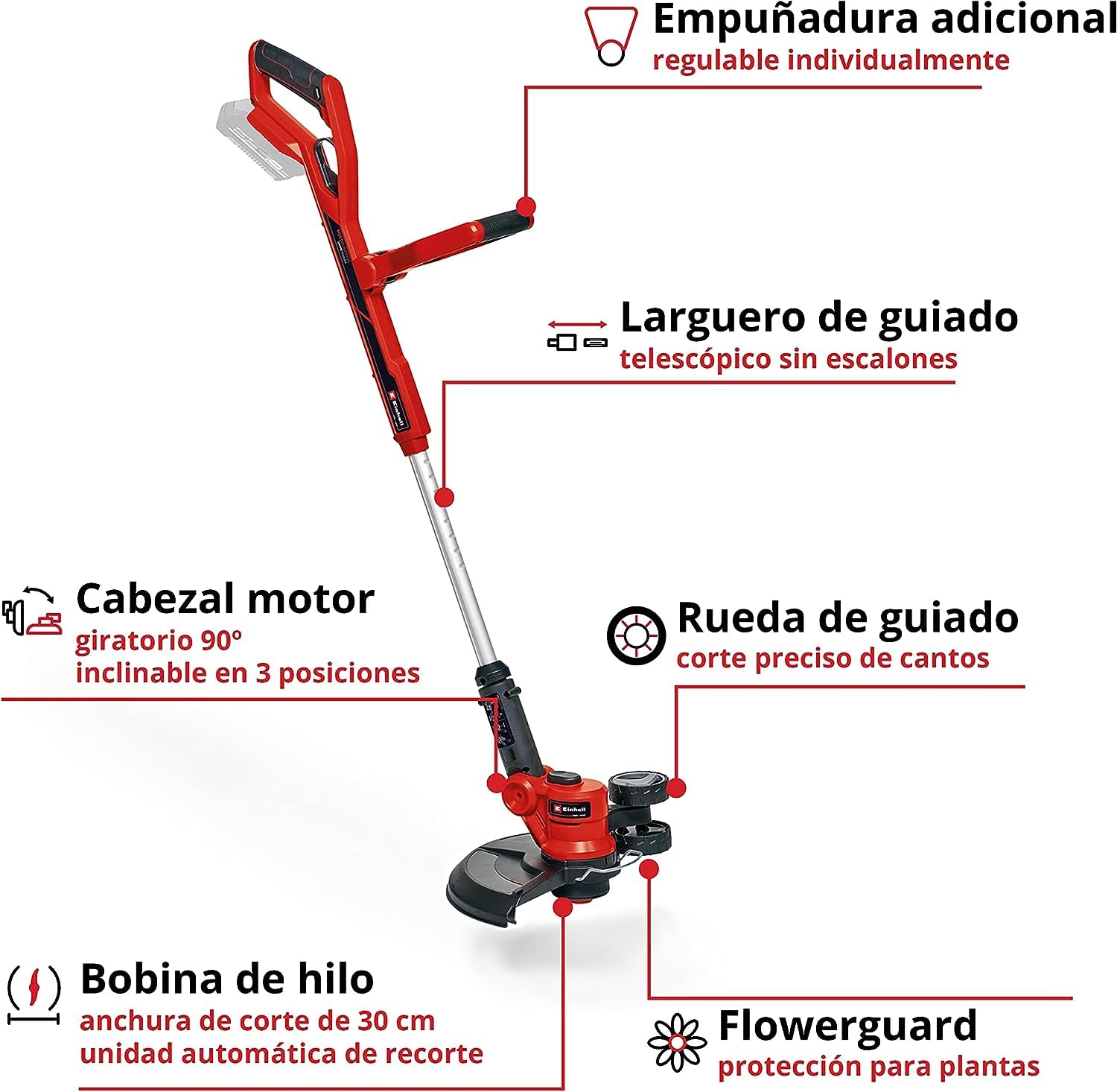 Einhell Recortadora de césped con batería GE-CT 18/30 Li-Solo Power X-Change (18V, Anchura de Corte 30cm, Cabezal Motor Giratorio 90º e inclinable, Incl. Bobina de Hilo sin batería)