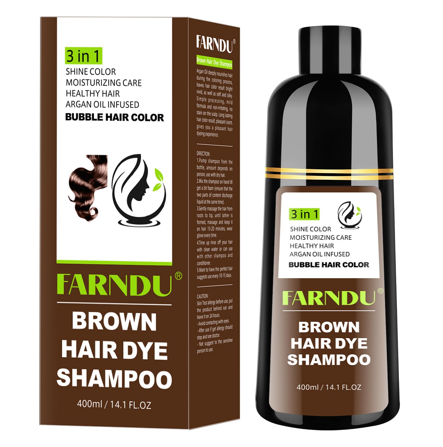 FARNDU Brown Hair Dye Shampoo for Women Men, Gray Hair Coverage Herbal Natural Ingredients 3 In 1 Hair Color Shampoo
