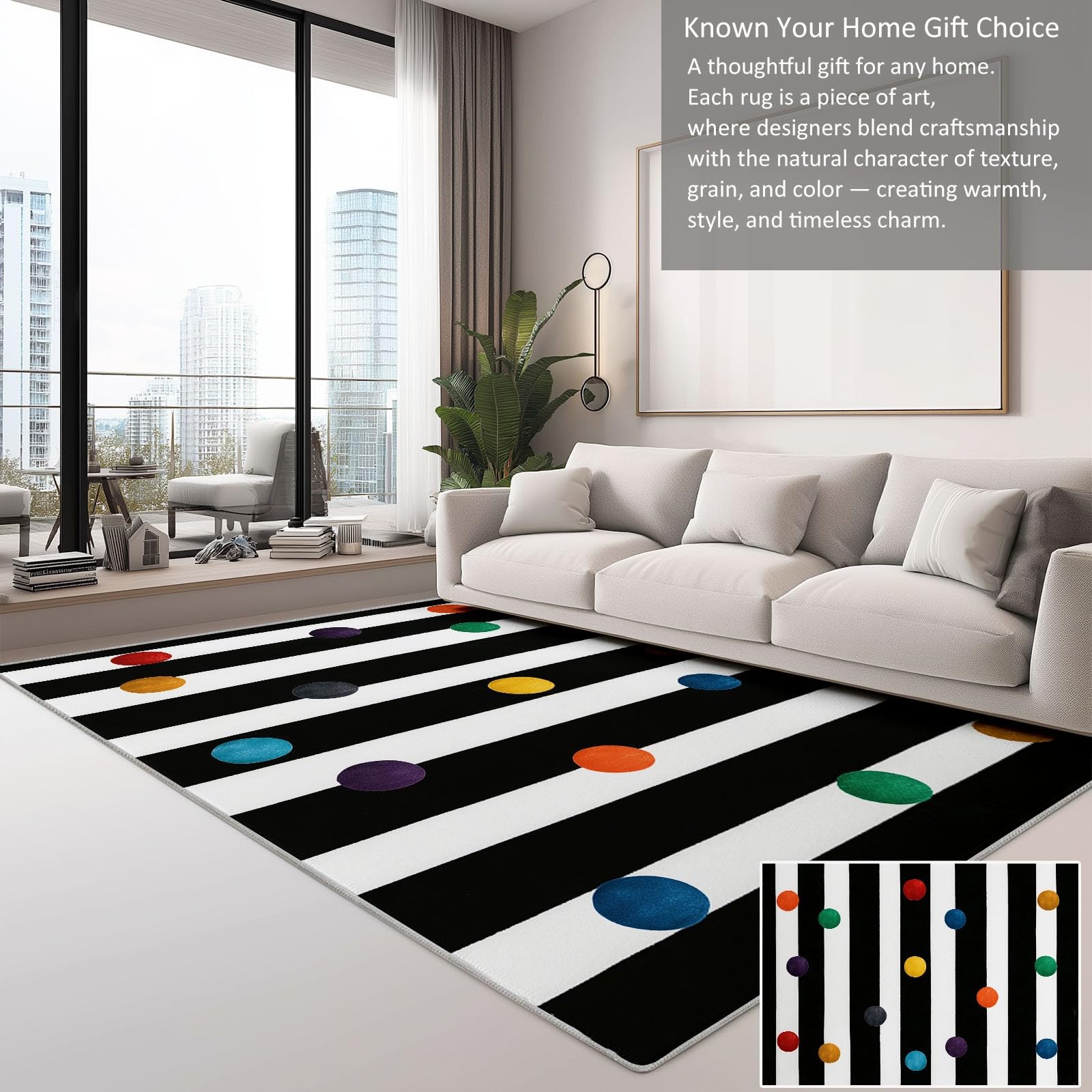 Générique Tapis Salon Lavable Pois rayés Noirs et Blancs 180x240cm Tapis Poil Ras Intérieur Moderne, Antidérapant et Résistant, Décoration pour Chambre Cuisine Bureau Maison