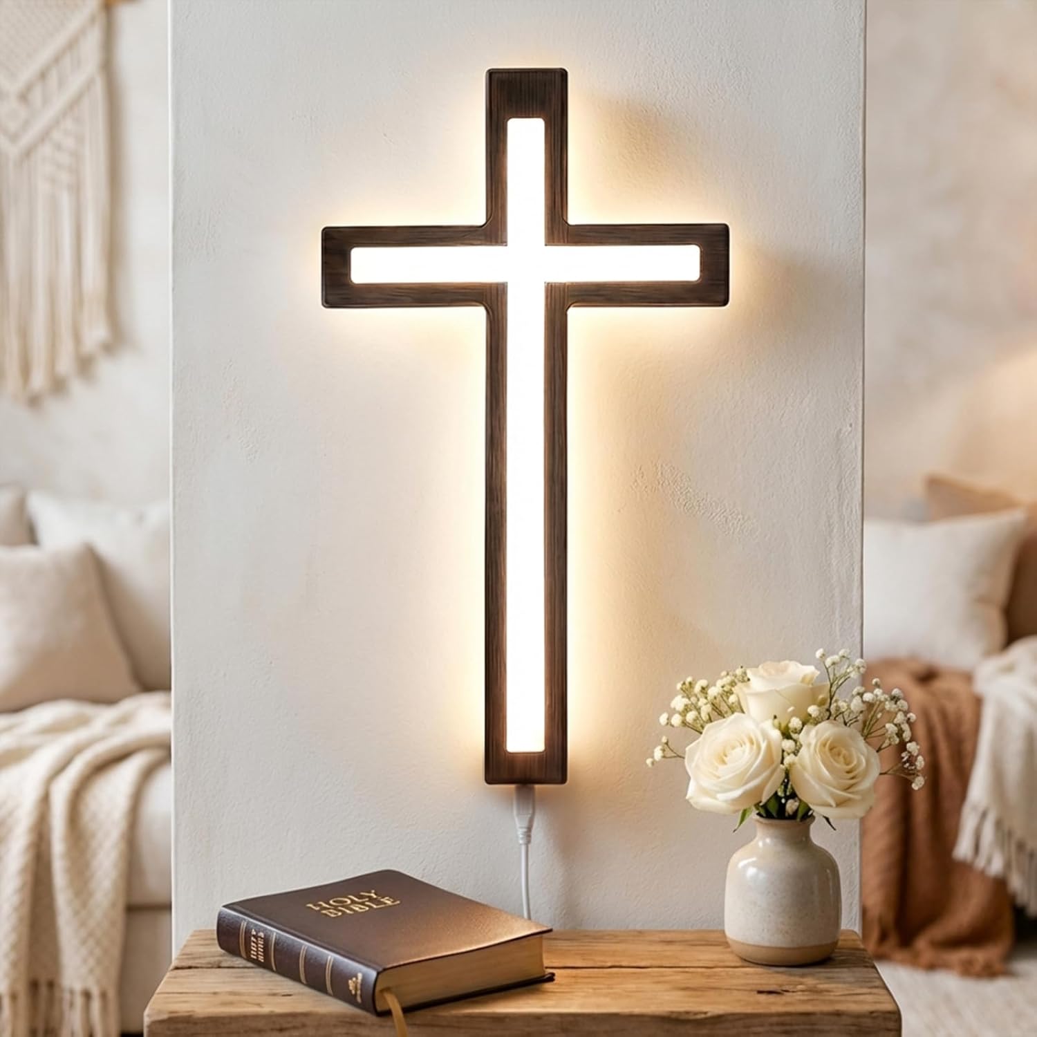 MoSavris Crucifix Wall Cross, Handmade Wood Cross with LED Light, Wall Decor for Faith and Blessing, Christian Gifts, 13 Inch