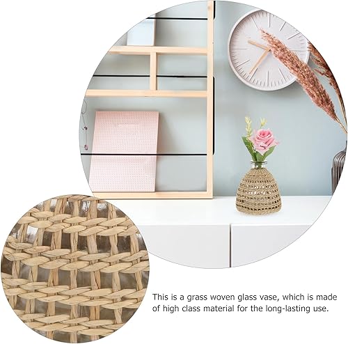 Miniatura 5 de DOITOOL Jarrón de vidrio con cubierta de ratán, florero bohemio de paja tejida de vidrio, contenedor decorativo para brotes de granja, jarrón para