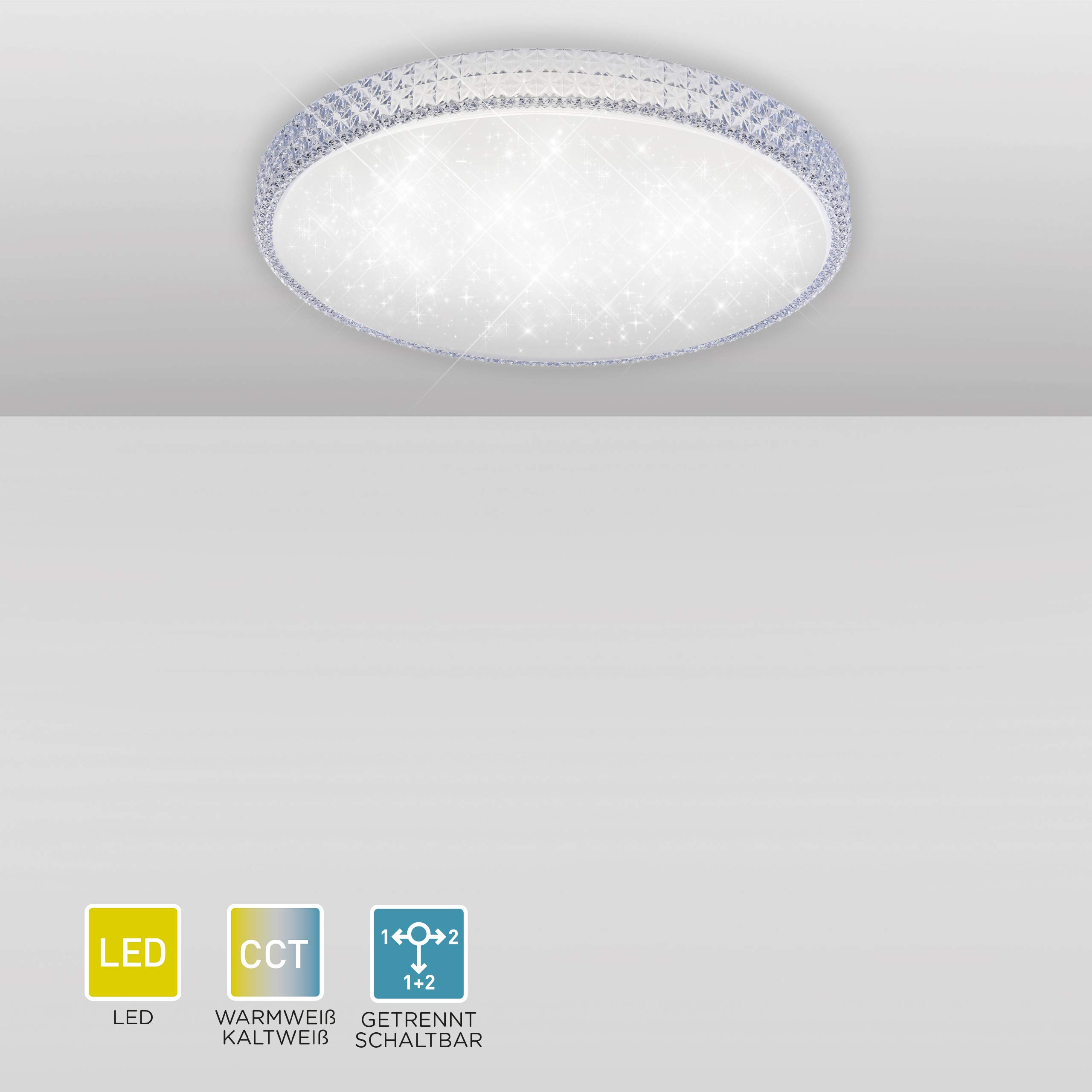 LED Deckenleuchte in Sternenhimmel-Optik, rund Ø60cm dimmbar CCT | Über Wandschalter dimmbar, Farbtemperatursteuerung, Warmweiß - Neutralweiß - Kaltweiß, Kristall-Optik