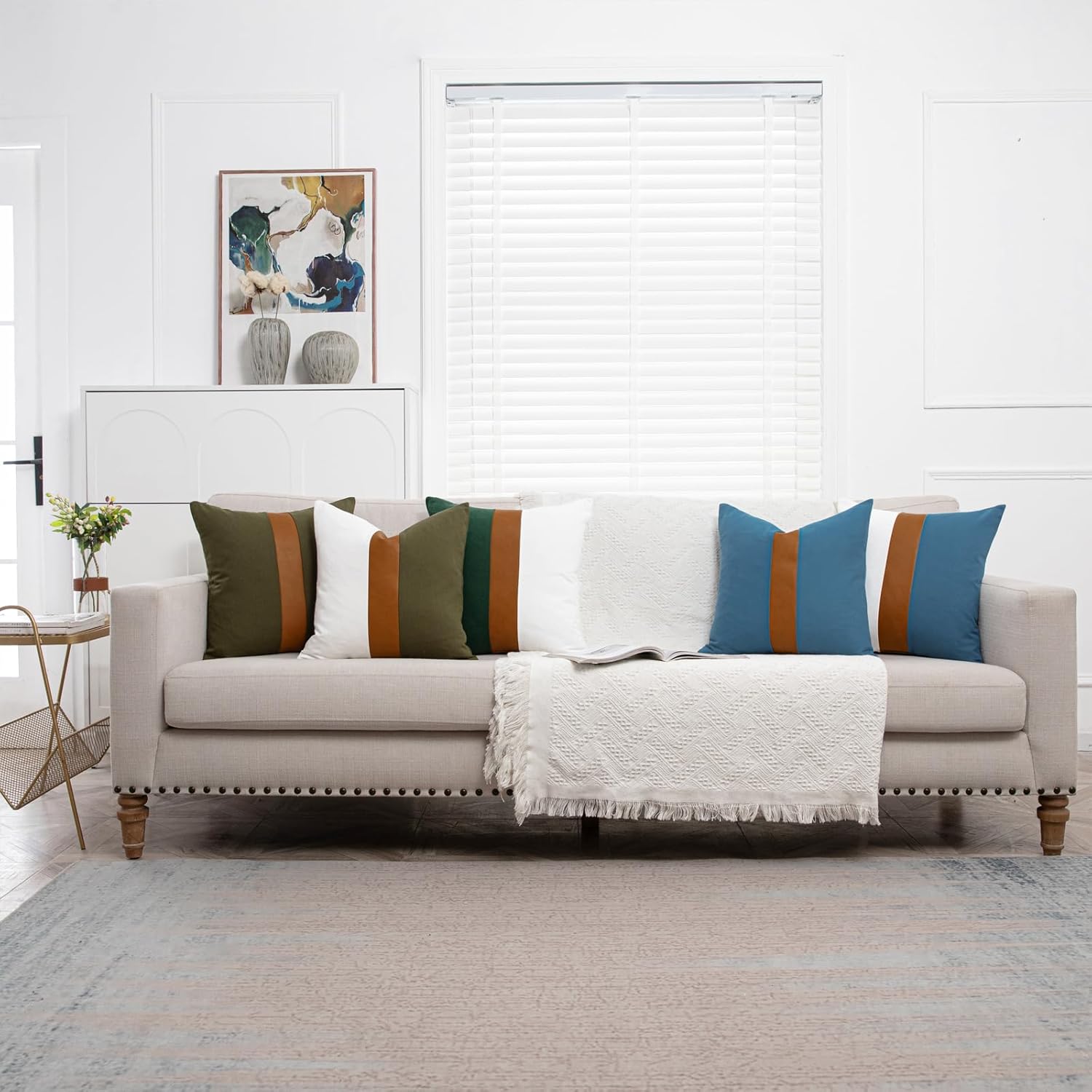 Pack of 2 Decorative Boho Throw Pillow Covers 18x18 Inch Olive Green Pillowcases Faux Leather and Cotton Patchwork Pillow Cover Modern Farmhouse Home Decor for Spring Sofa Living Room Couch Bed - Image 9