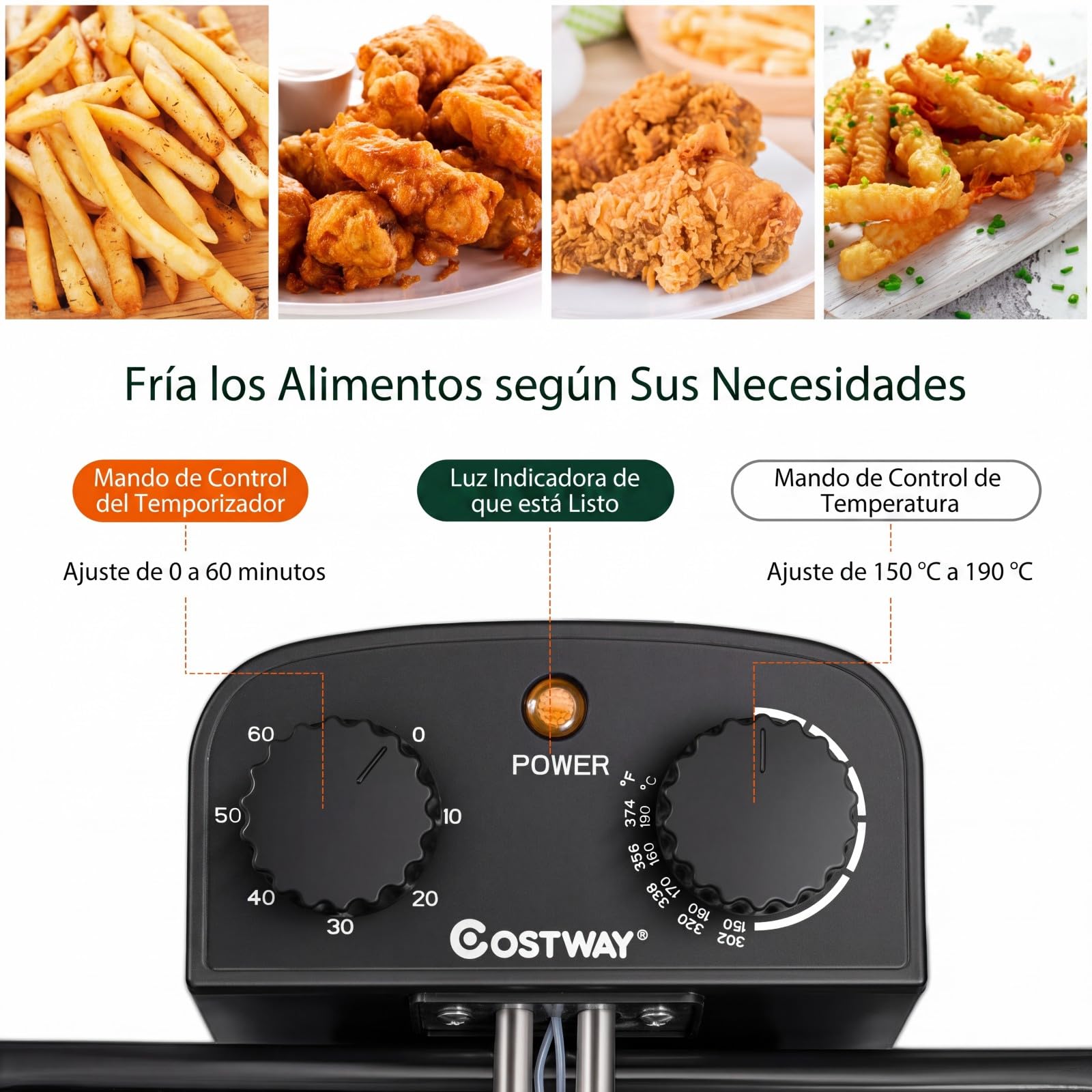 COSTWAY Freidora Aceite de 1700W con 3 Cestas, 5L, Acero Inoxidable