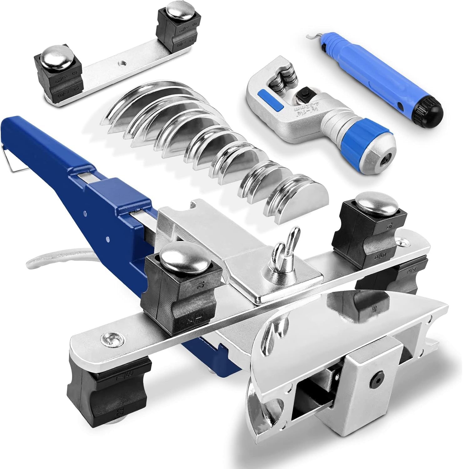 Wisscool Dobladora de tubo de trinquete con curva inversa, incluye cabezales de aluminio 1/4-7/8 (7) tamaños