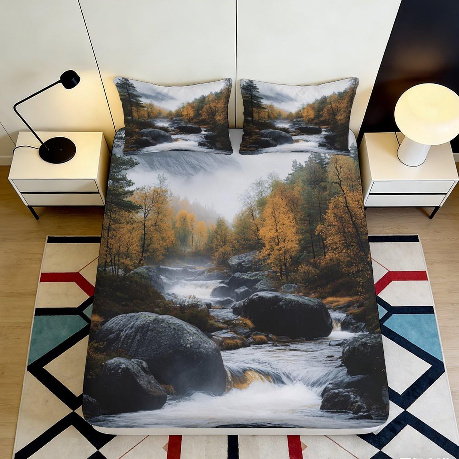 3D Printed Autumn Forest River Fitted Sheet Microfiber Soft Breathable Misty Landscape Bed Cover for Bedroom Dorm Decor 90x200x25cm