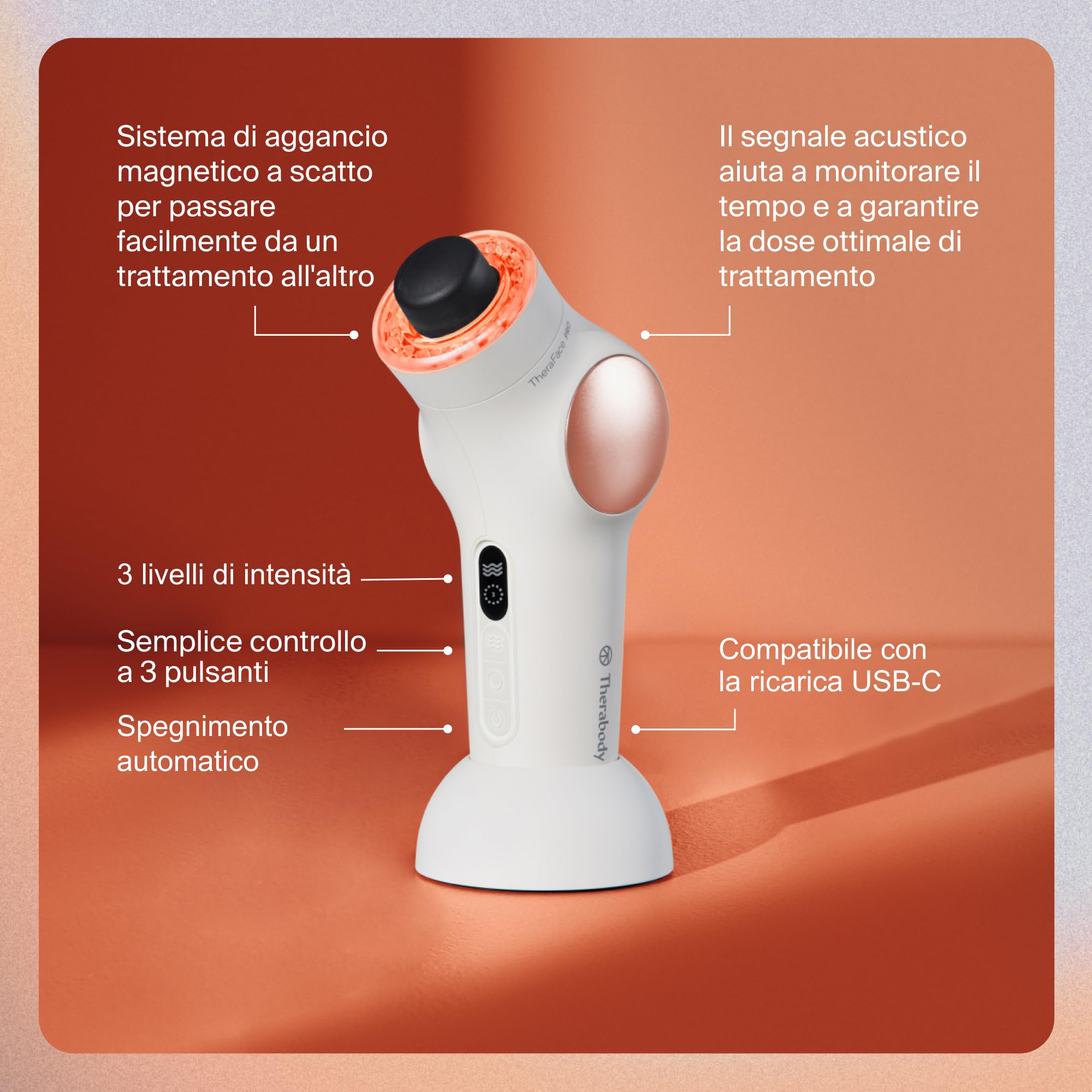 TheraFace PRO | Dispositivo per la cura del viso 6-in-1 con massaggio a percussione - microcorrente - luce LED blu e rossa da Therabody (Bianco)