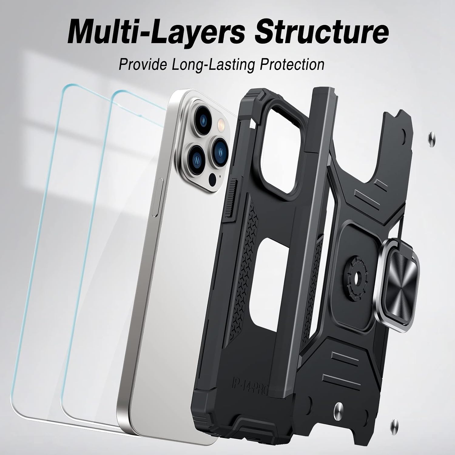 JAME for iPhone 14 Pro Max Case with Screen Protector 2PCS, Military-Grade Drop Protection Shockproof Bumper Apple 14 Pro Max Case with Ring Kicstand Case for 14 Pro Max 6.7 Inch, Black