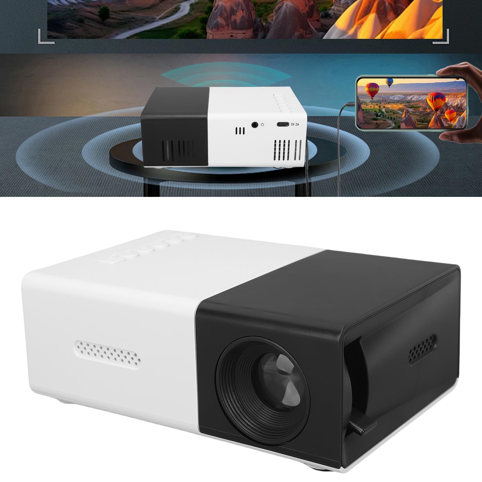 Lazmin112 1080P HD-Projektor, Tragbarer-Projektor mit Automatischer Trapezkorrektur und Integriertem Lautsprecher, Kompatibel mit Smartphone, Laptop, USB-, für den Heimgebrauch (EU-Stecker)