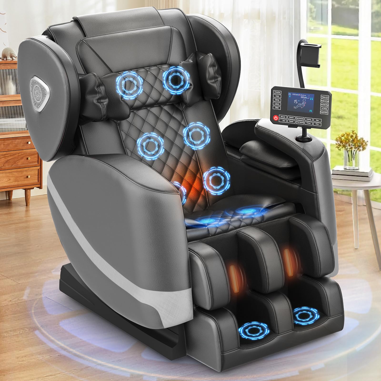 FURNIMAT Poltrona massaggiante, Poltrone massaggianti reclinabili per tutto il corpo con scaldagambe e vita, rulli per i piedi, 10 rulli massaggianti, altoparlante Bluetooth, controller touch screen