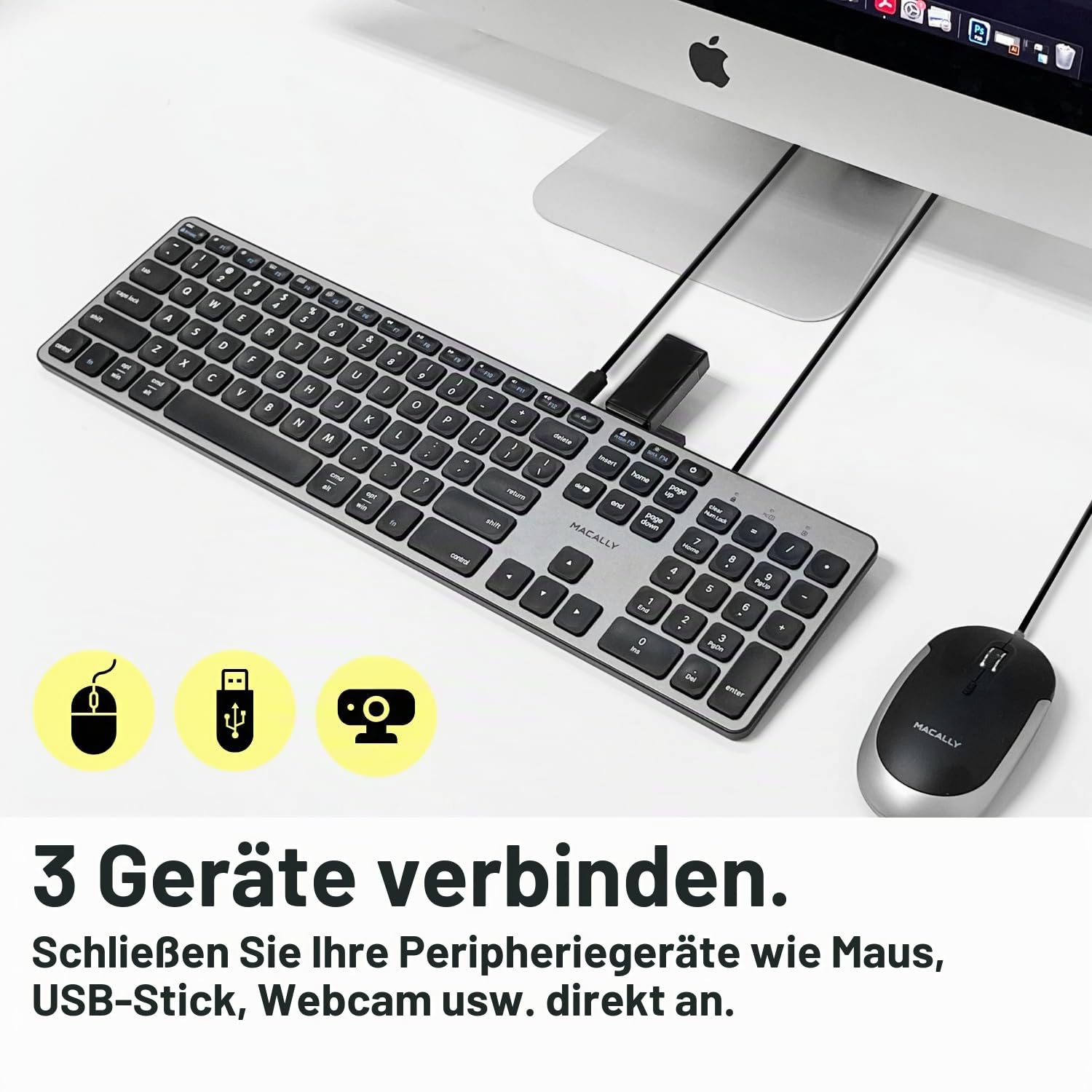 Macally UCZKEYHUBACSG, erweiterte USB-C Tastatur mit 2 USB-A & 1 USB-C Ports und US QWERTY Layout, Space Grey