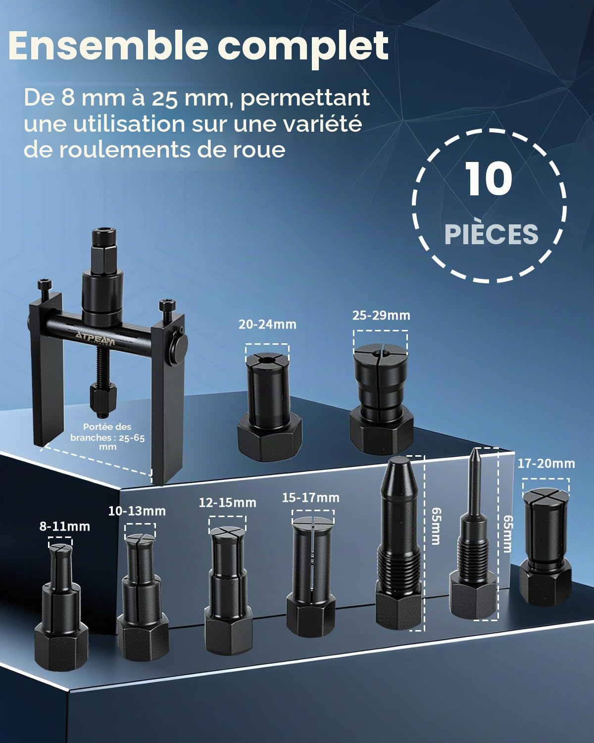 ATPEAM Extracteur de Roulement Moto 10 Pièces, Kit d’Extracteur de Roulement Intérieur Ø8–25mm avec Coffret, Outil de Démontage de Roue Moto