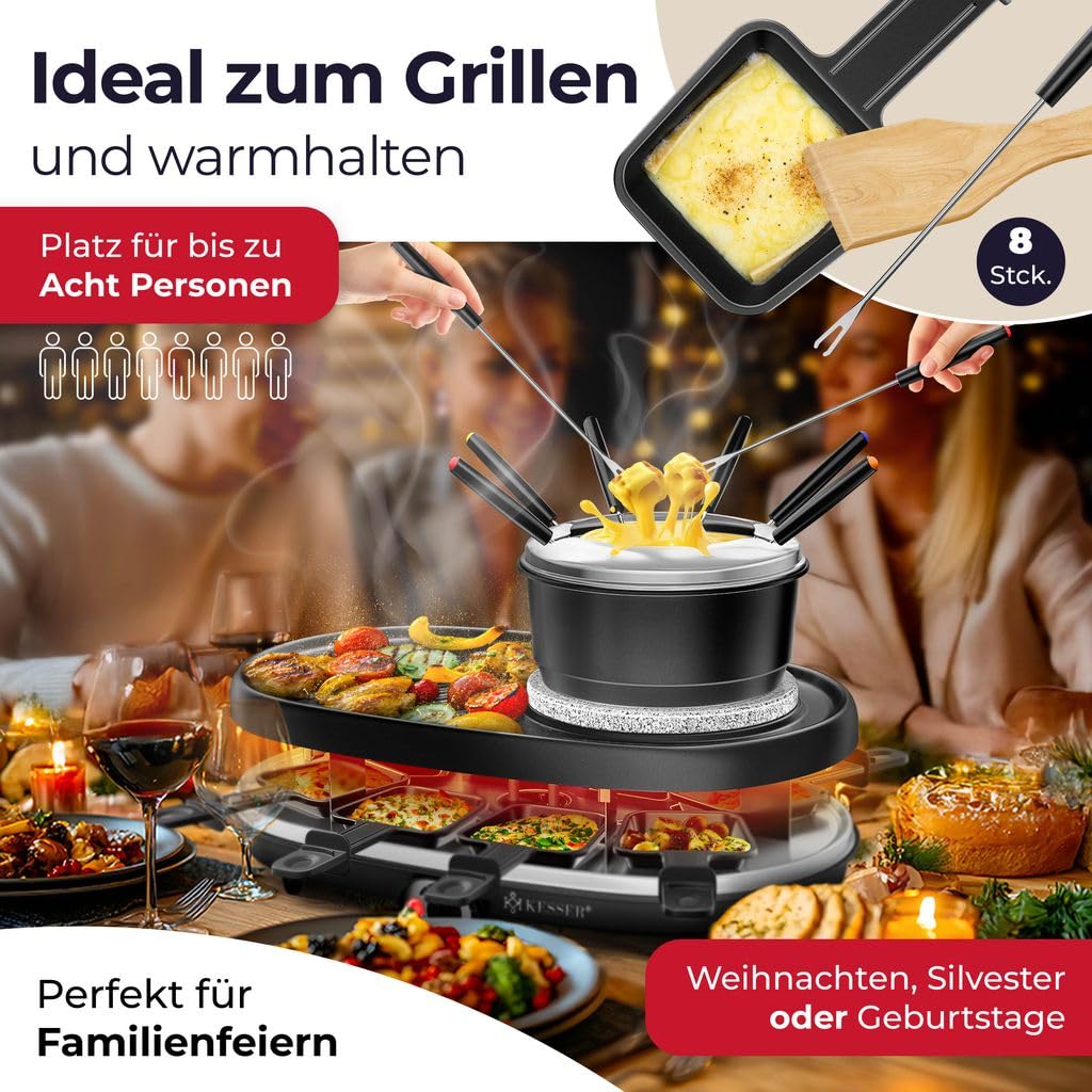 KESSER Grill do raclette 3 w 1 z naturalnym kamieniem grillowym, płytą grillową i fondue, grill stołowy dla 8 osób, grill elektryczny raclette