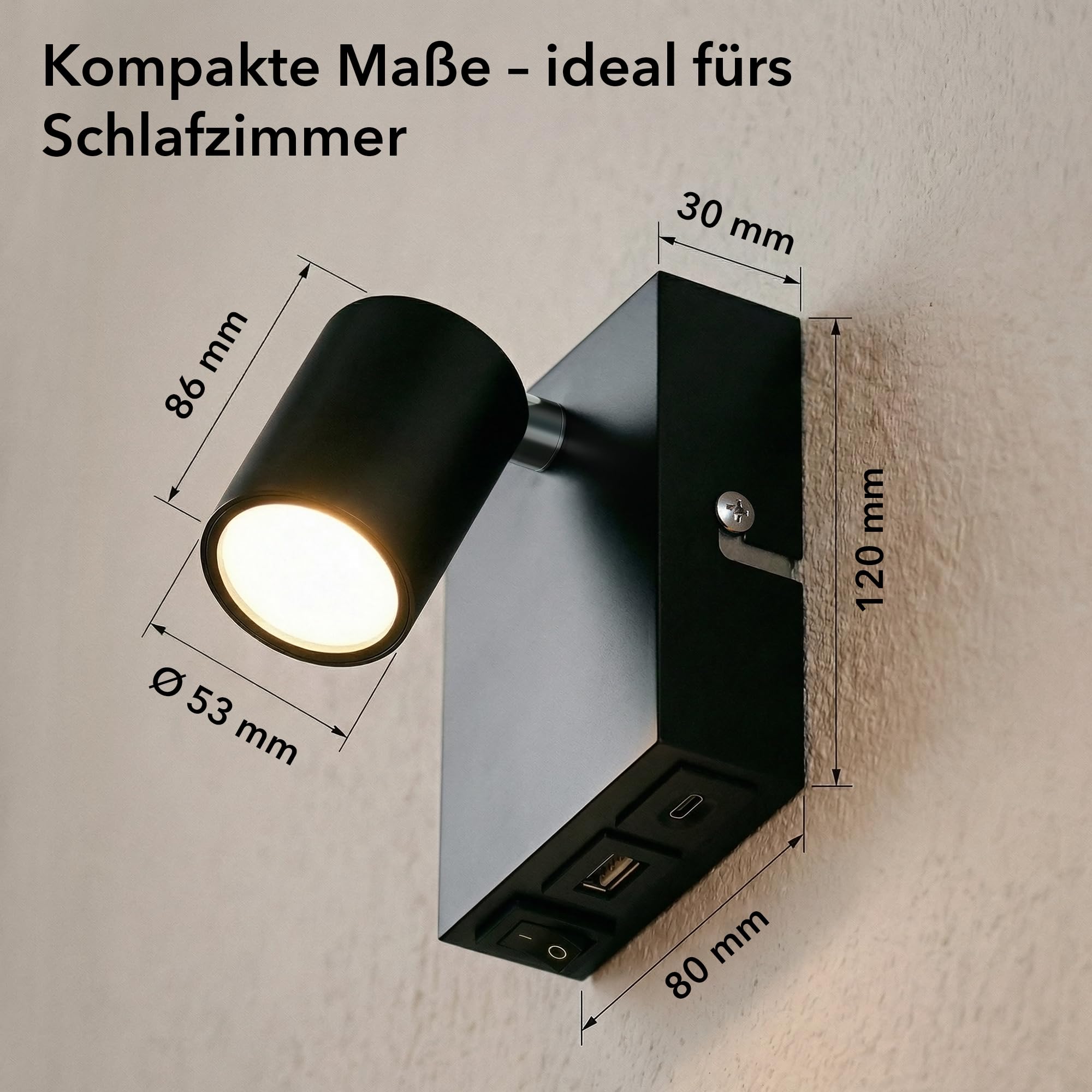 ledscom.de 2x Wandleuchte WAIKA, 1-flammig, schwarz, USB-C, USB-A, inkl. LED GU10 Lampe, 3-Stufen-Dimmer, 609lm, weiß