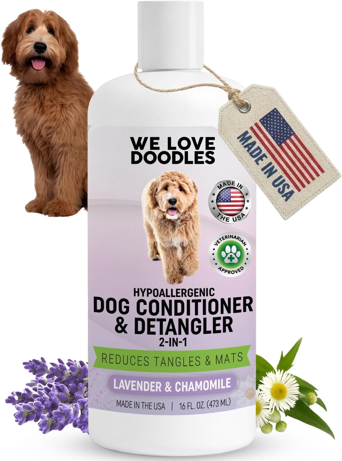 Dog Conditioner & Detangler, 2-in-1 Conditioner for Allergies & Itching, Lavender and Chamomile, Made in USA, Dog Lotion Treatment, Perfect for Poodles, Doodles & Goldendoodles,16oz