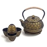 6 Piece Set Gold Japanese Cast Iron Teapot(30 oz /900 ml) with 4 Tea Cups (2 oz each), Leaf Tea Infuser and Trivet