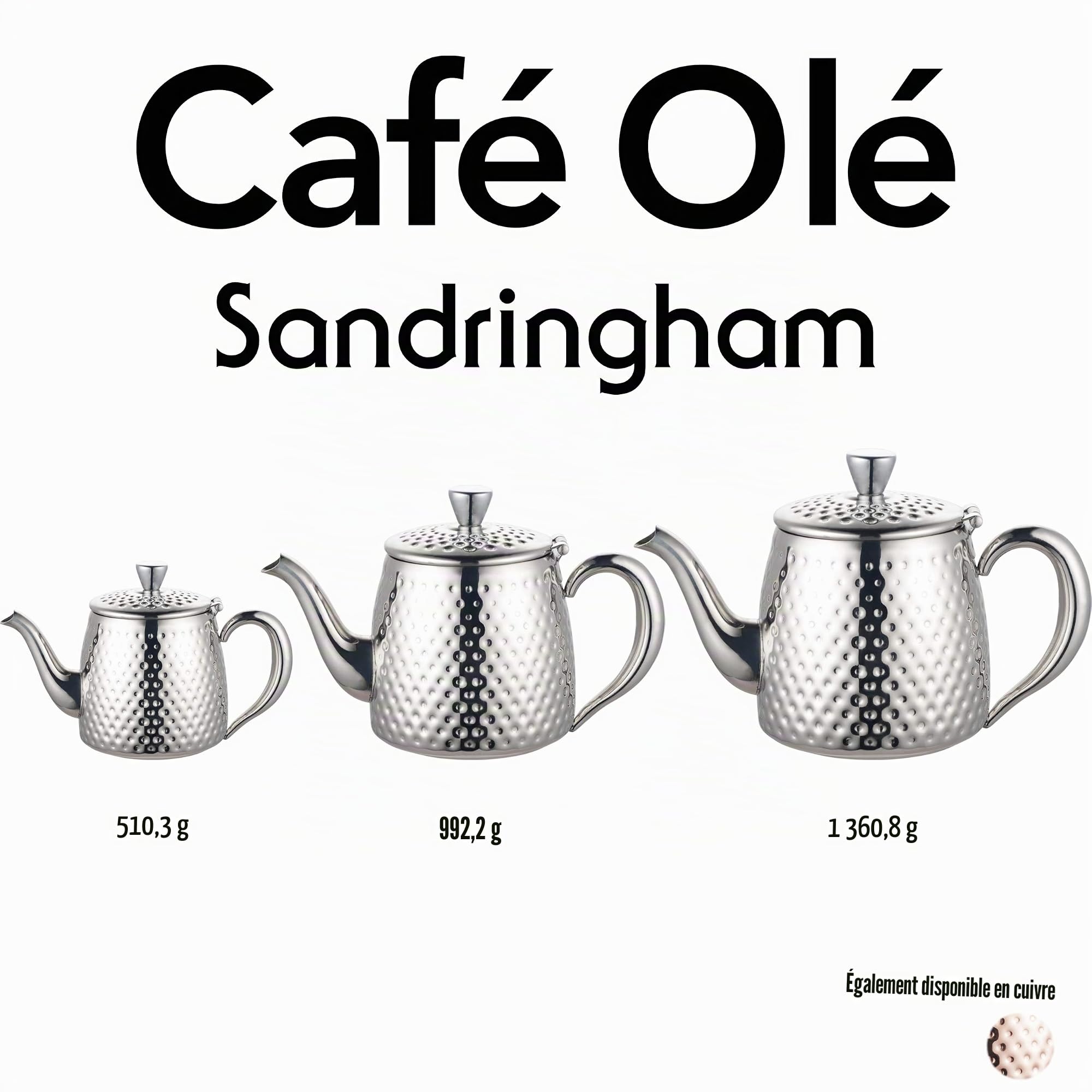 Café Olé Sandringham Théière avec effet martelé en acier inoxydable 18/10 – fini miroir, argent, 35oz, 1.0L
