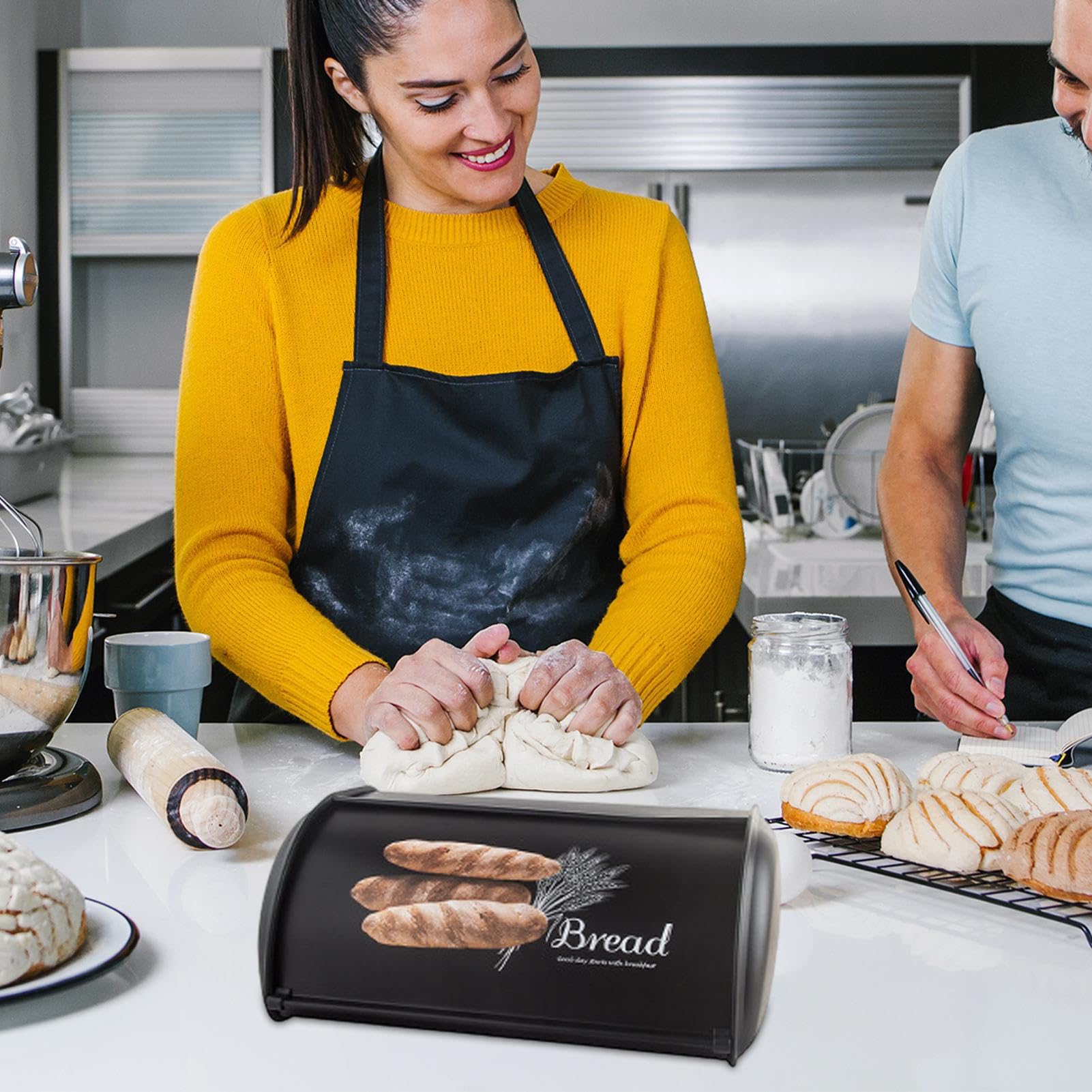 Contenitore per pane, contenitore per pane, 35 x 22 x 14 cm, organizer ermetico per la freschezza, contenitore per alimenti da cucina per toast, pasticcini, bagel, bianco e nero