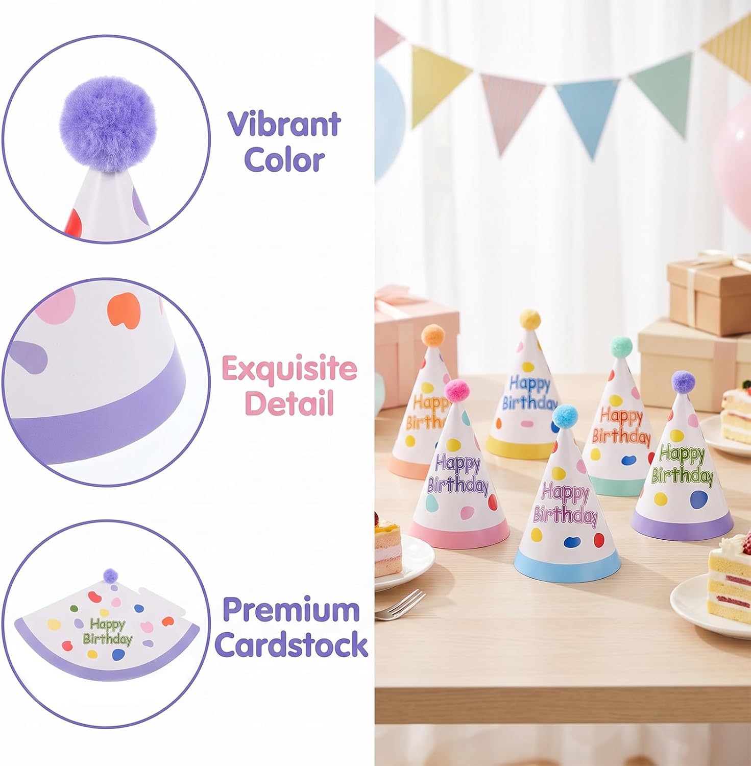6Pcs Birthday Hats Adults, Happy Birthday Cone Hat with Fur Pom Poms