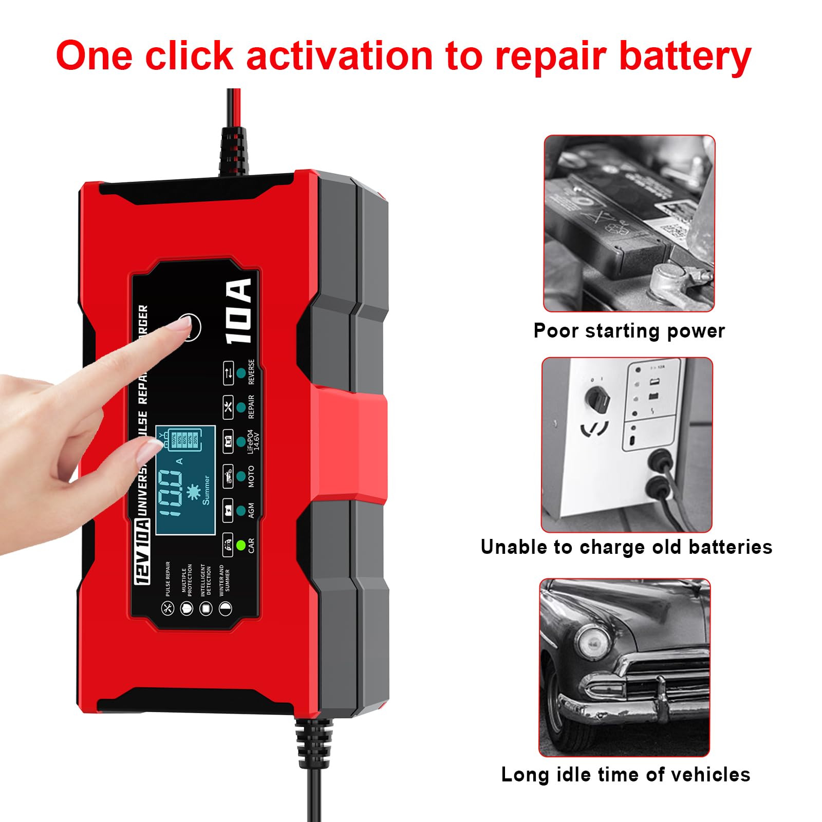 YONHAN Caricabatteria da Auto,10A 12V LiFePO4 Multi Protezioni Carica Batteria,Intelligente Schermo LCD Carica Batterie Completamente Automatico per Moto,Barche, Auto, Batteria AGM/Acido di piombo