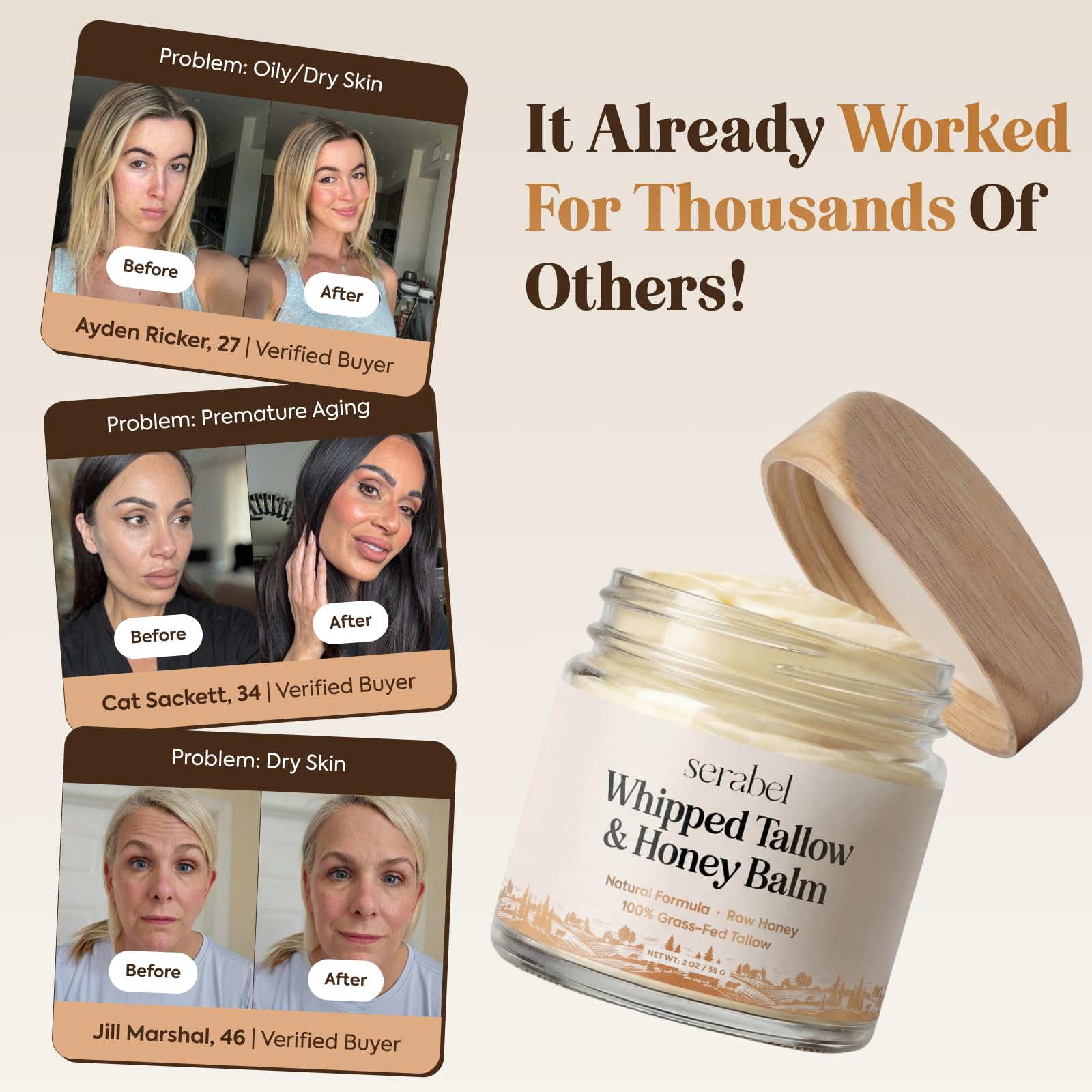 Serabel Tallow and Honey Balm for Face and Skin, Unscented Moisturizer